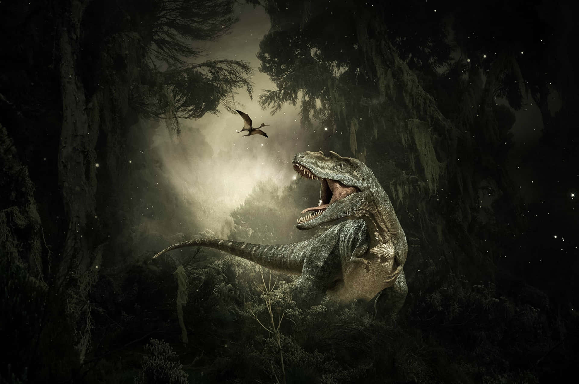 Majestic Dinosaurin Misty Forest Wallpaper