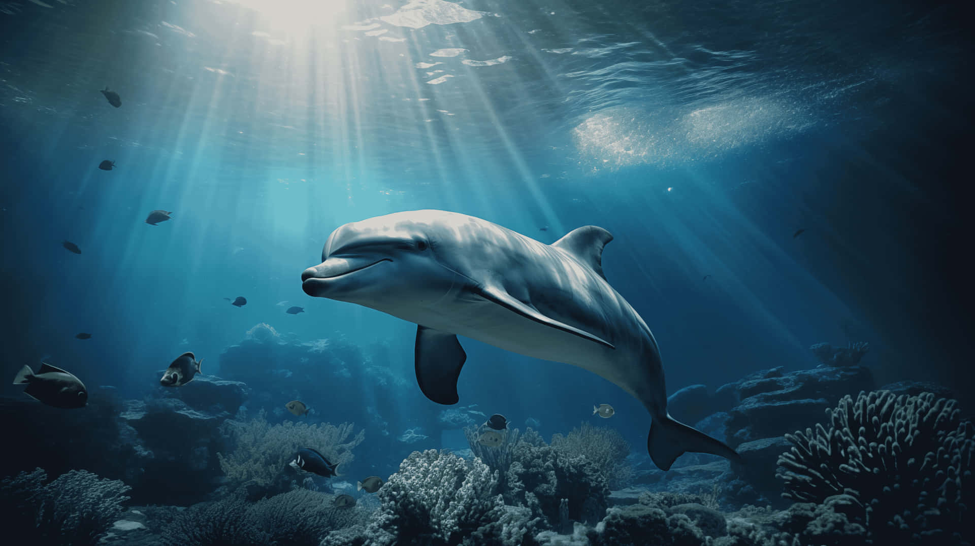 Majestic_ Dolphin_ Underwater_ Sunrays.jpg Wallpaper