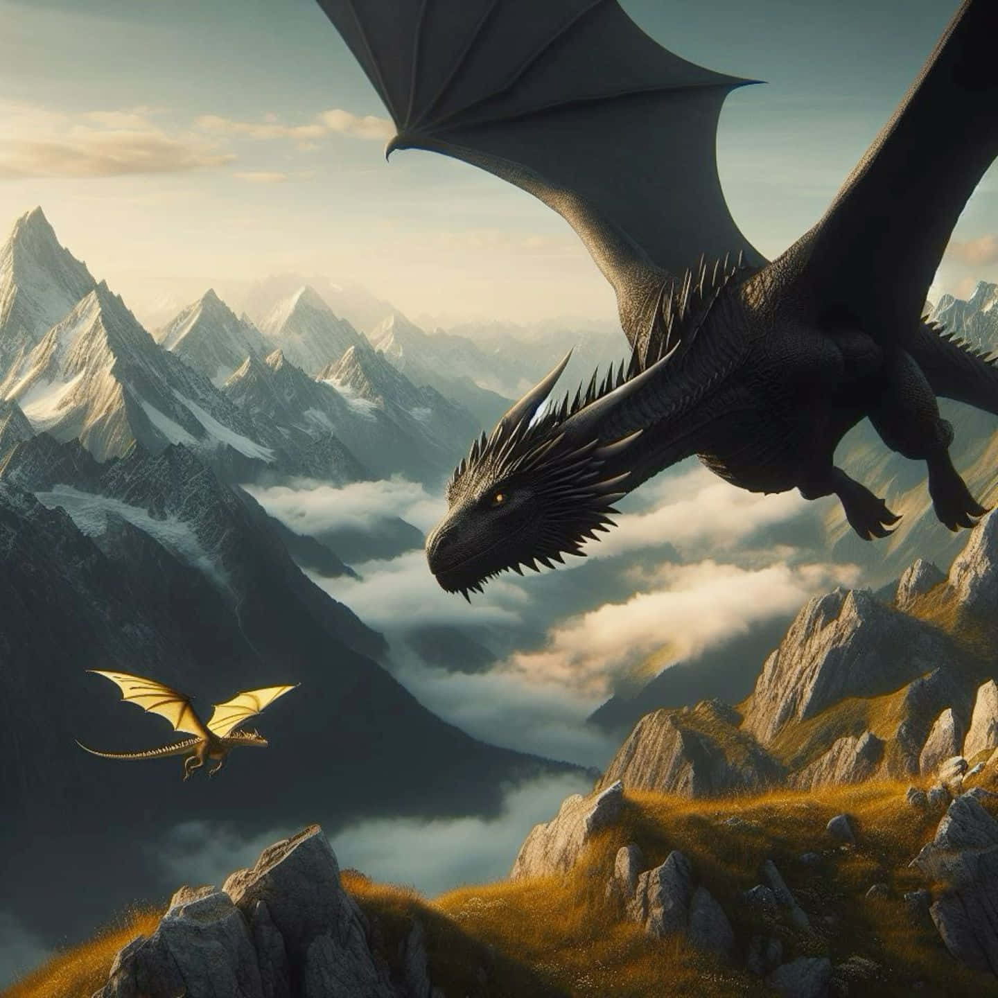 Majestic Dragons Over Mountain Ranges Wallpaper