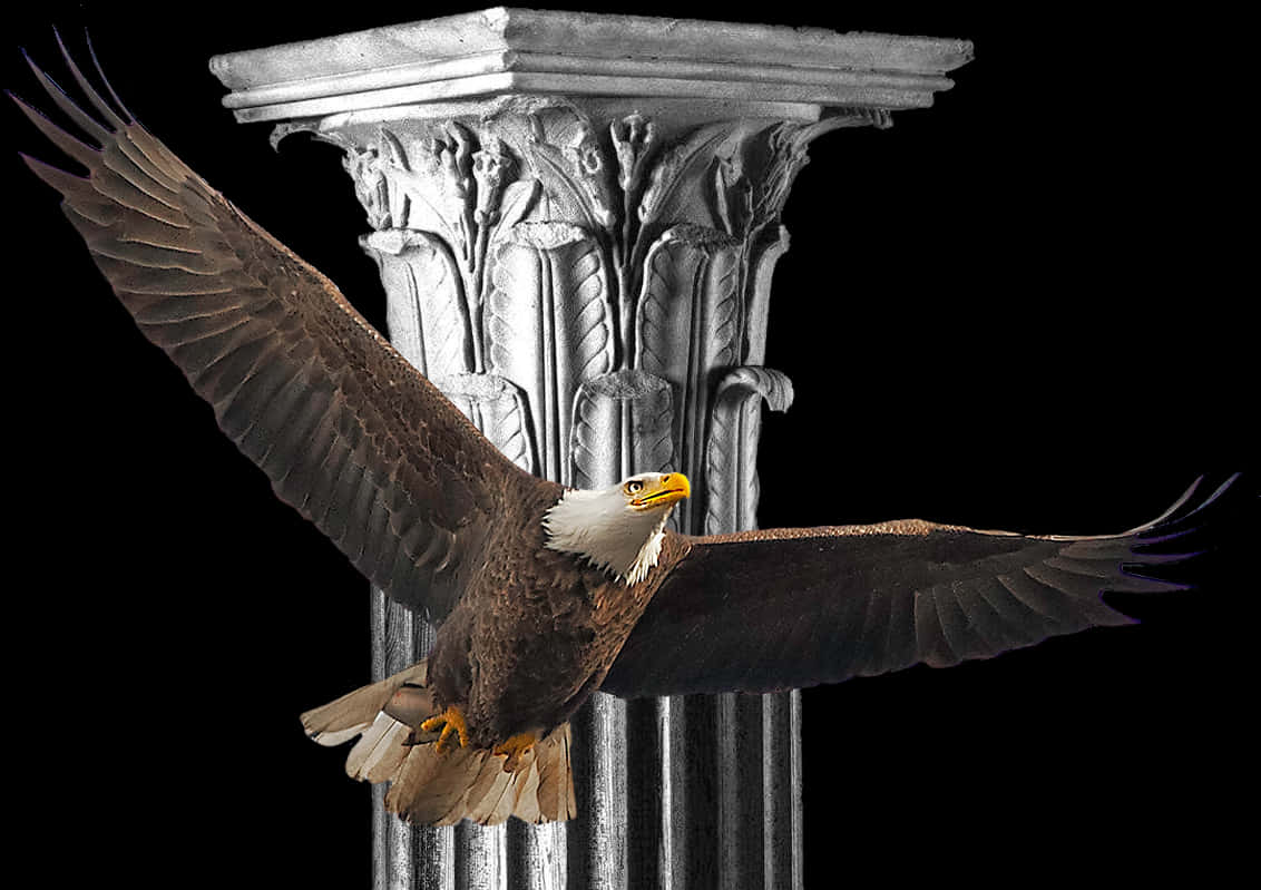 Majestic Eagle In Flight Over Column PNG