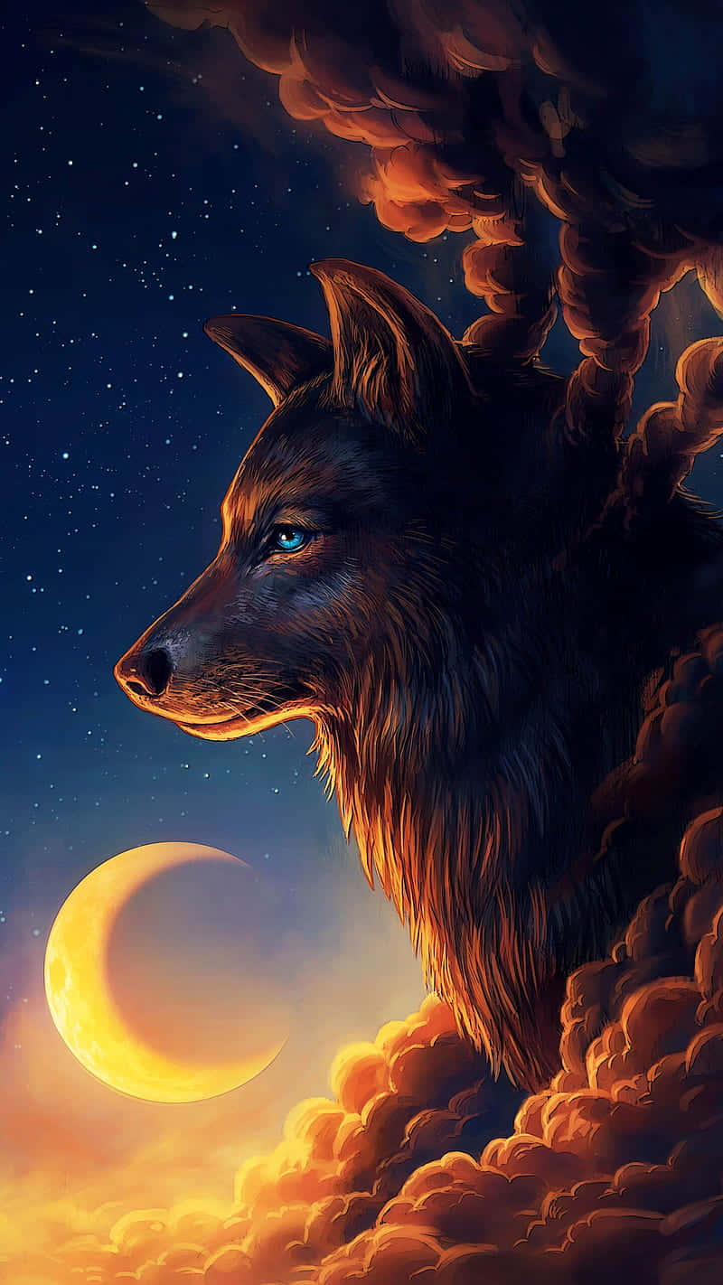 Majestic Galaxy Wolf Under Crescent Moon Wallpaper