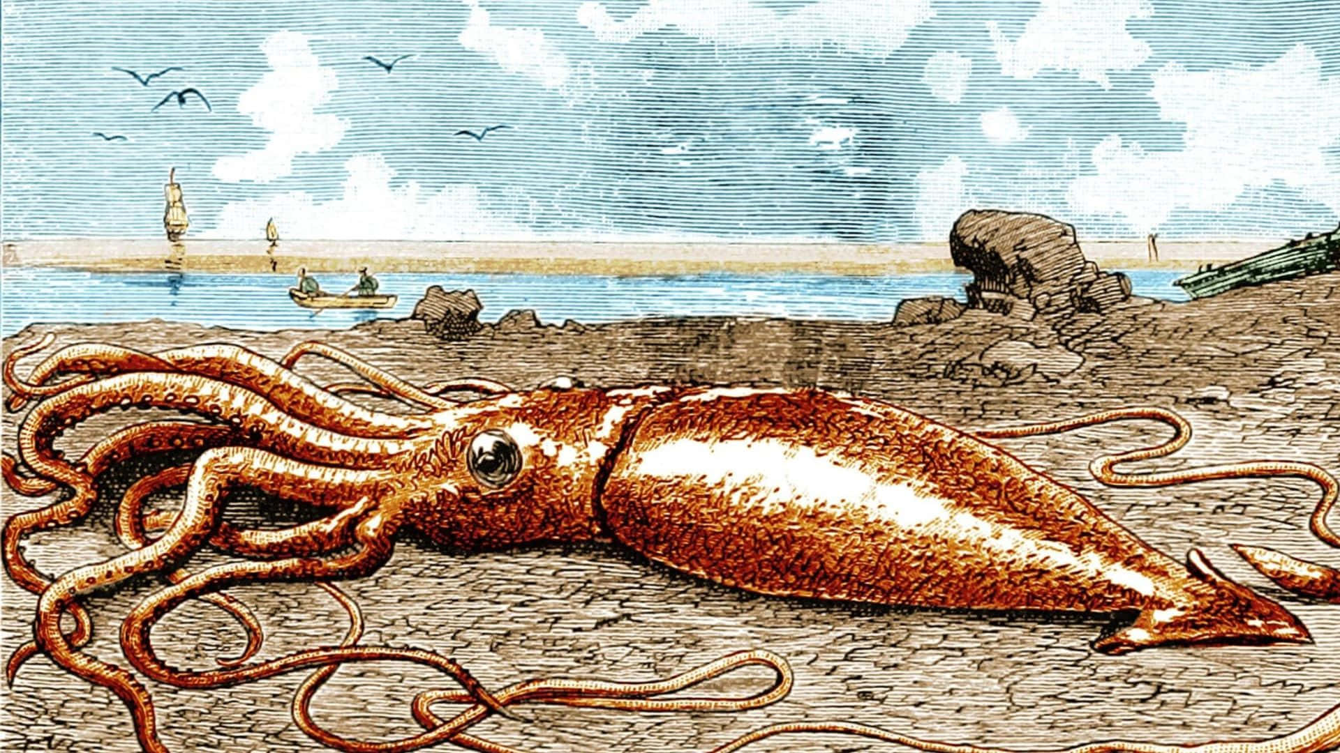 Majestic Giant Squid Beneath The Deep Blue Sea Wallpaper