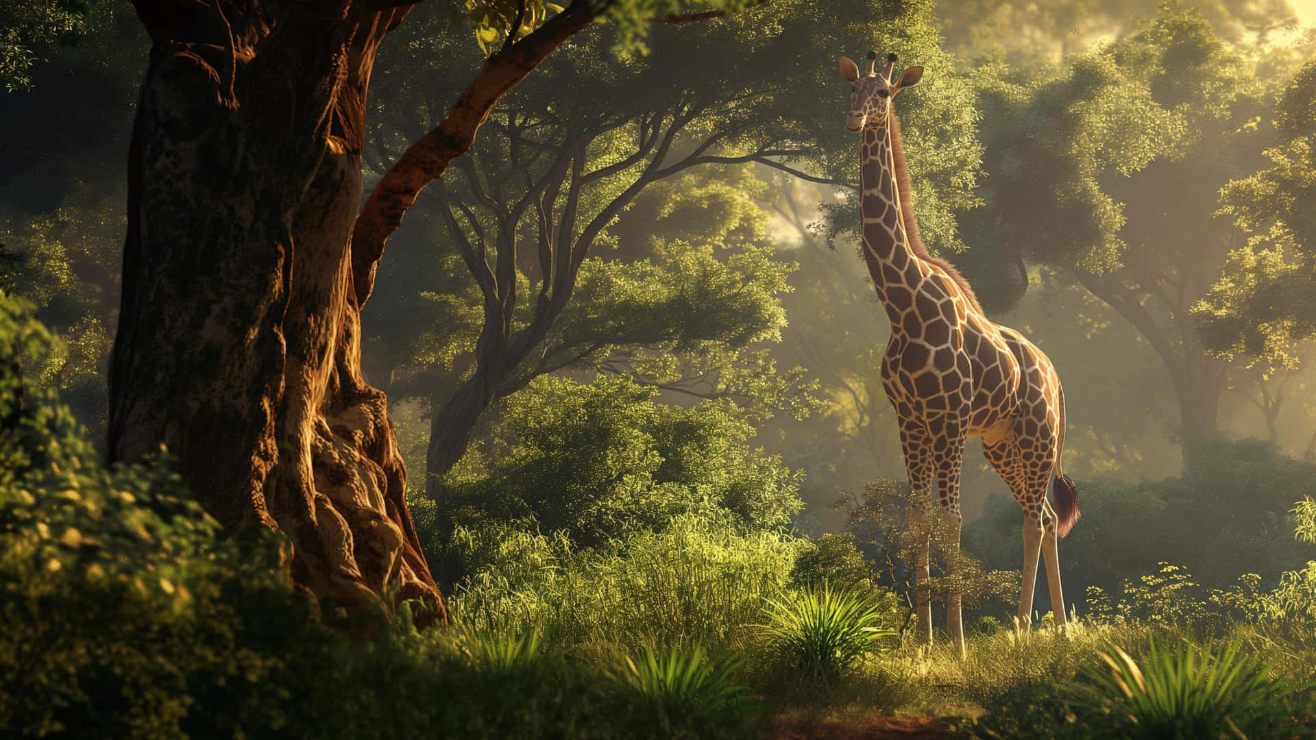 Majestic Giraffein Sunlit Forest.jpg Wallpaper