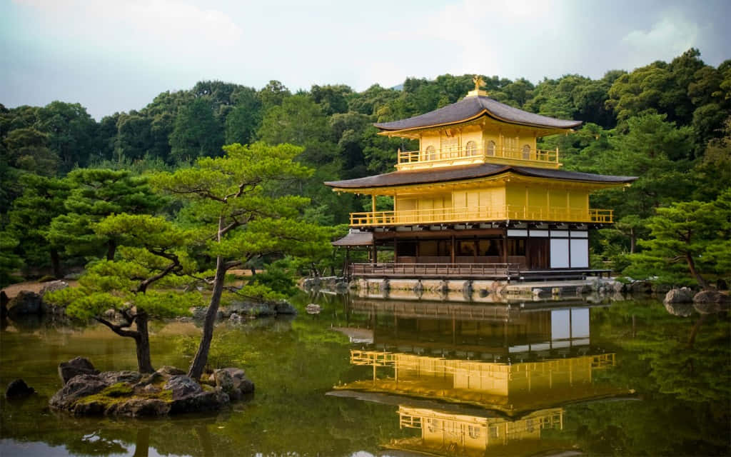 Majestic Golden Pavilion Mirroring On Calm Water Wallpaper