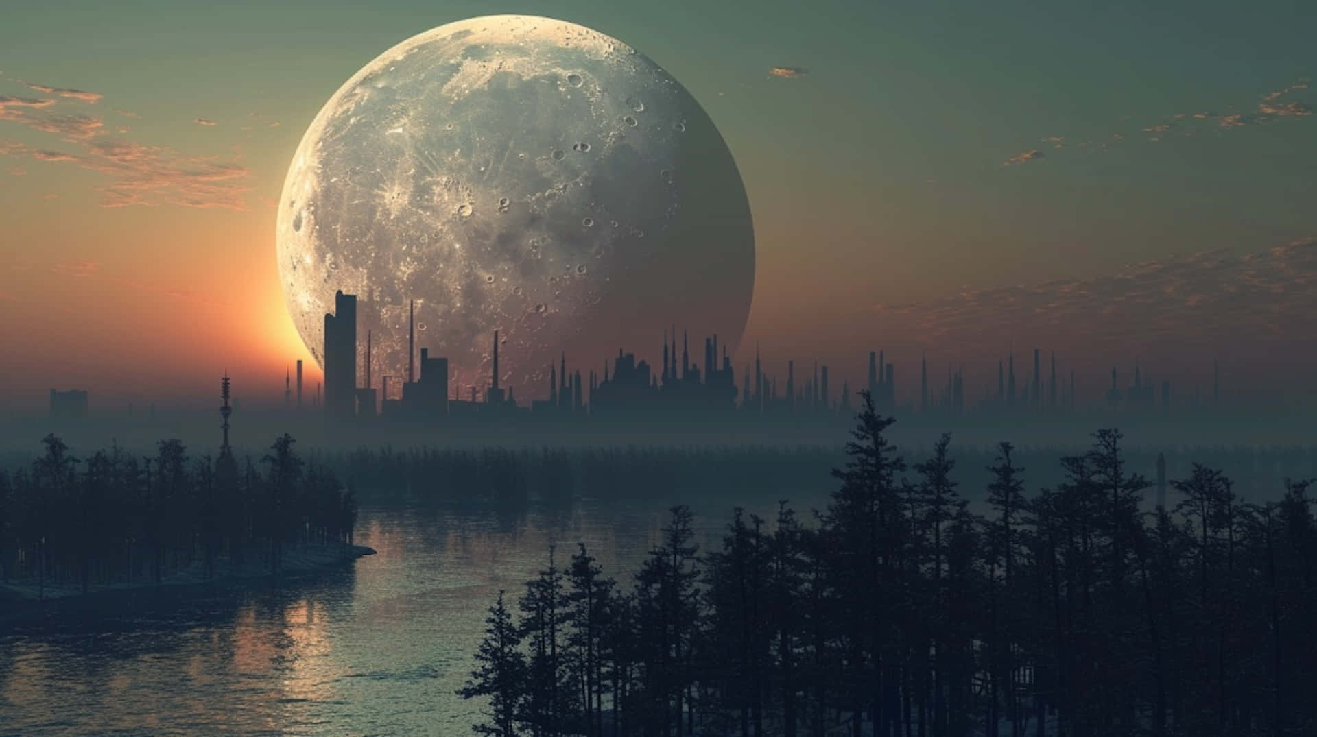 Majestic_ Moonset_ Over_ Cityscape Wallpaper