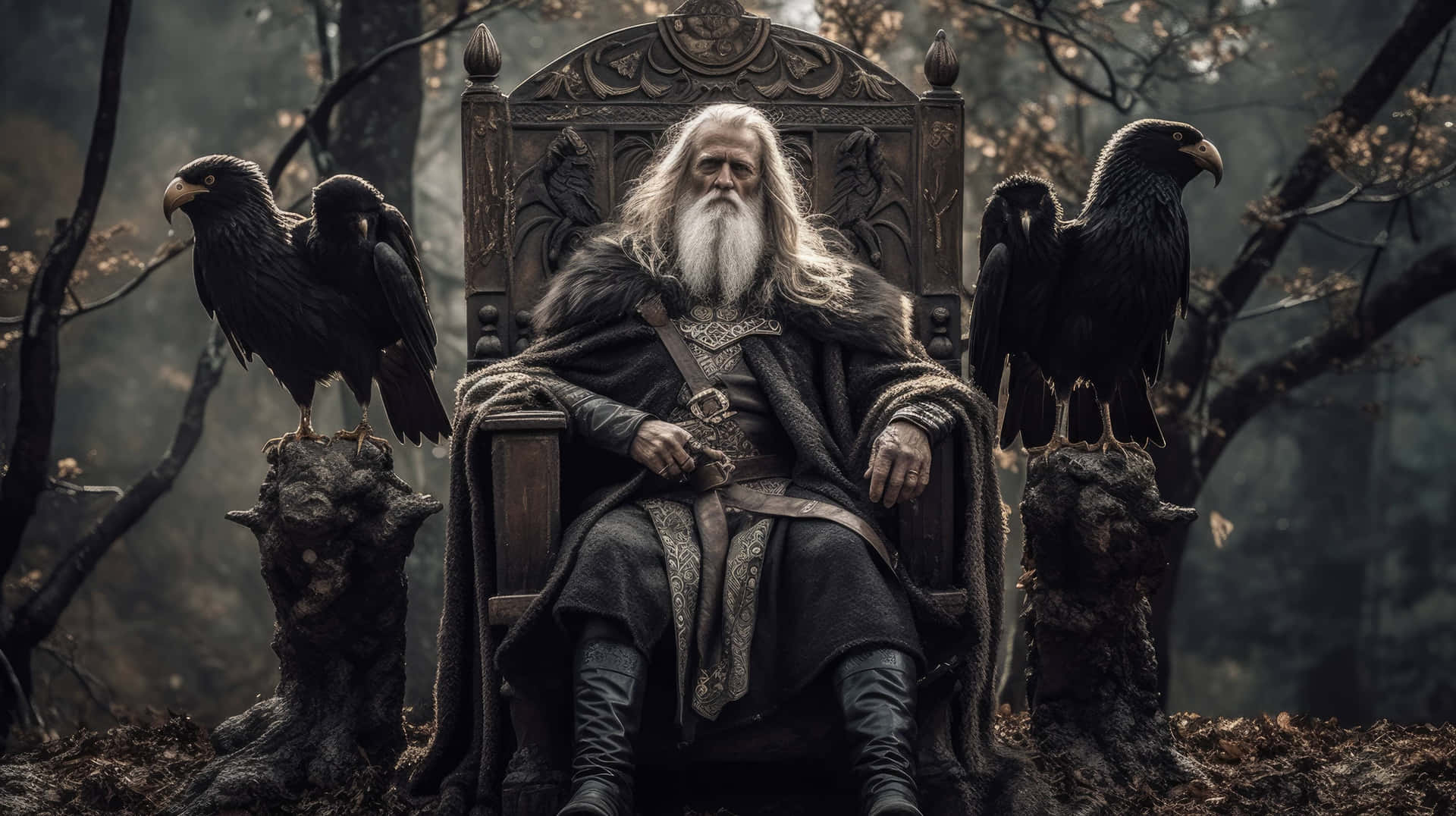 Majestic_ Odin_and_ Ravens_ Throne_ Scene Wallpaper