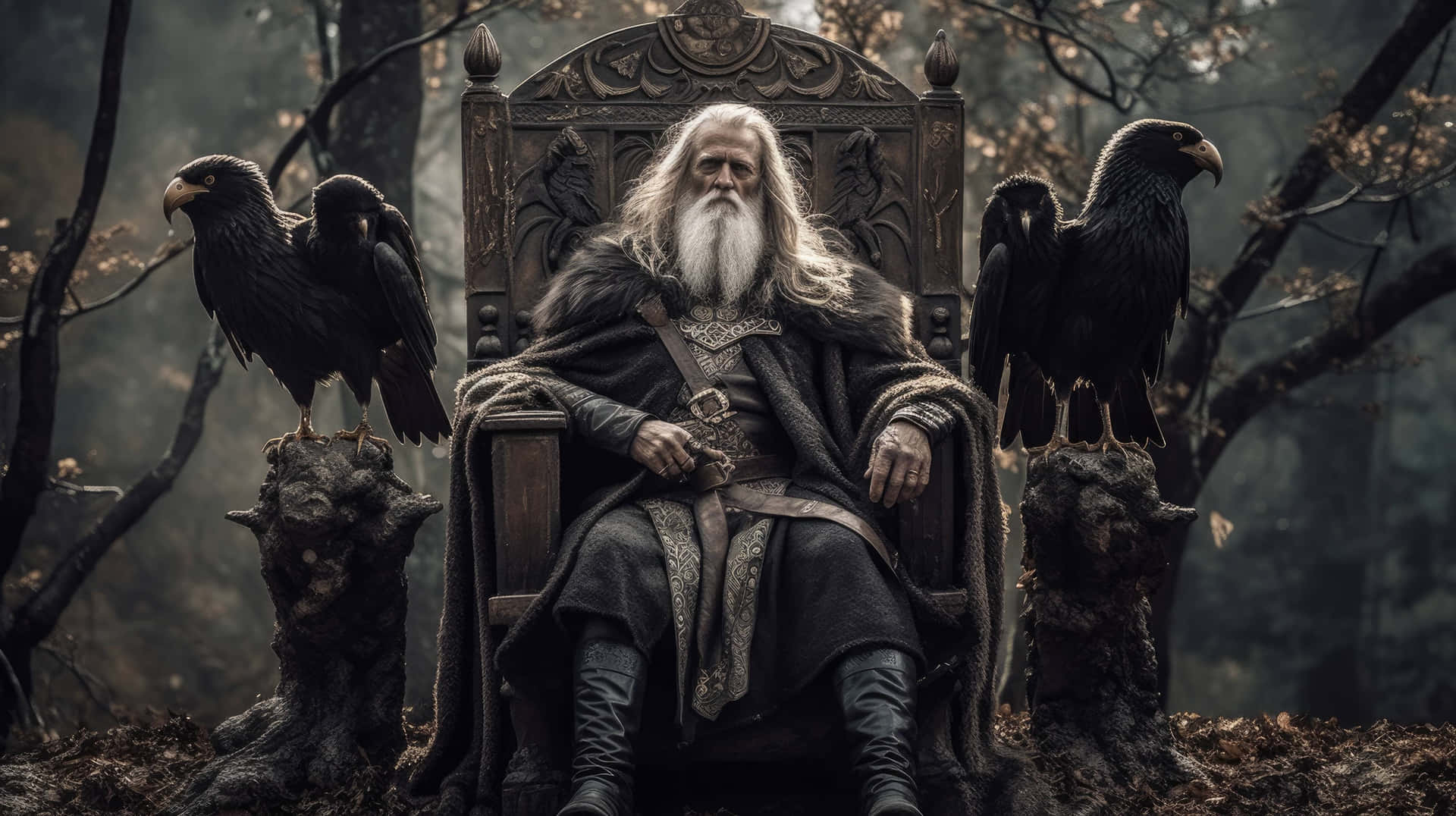 Majestetisk Odin Og Ravner Trone Scene Bakgrunnsbildet