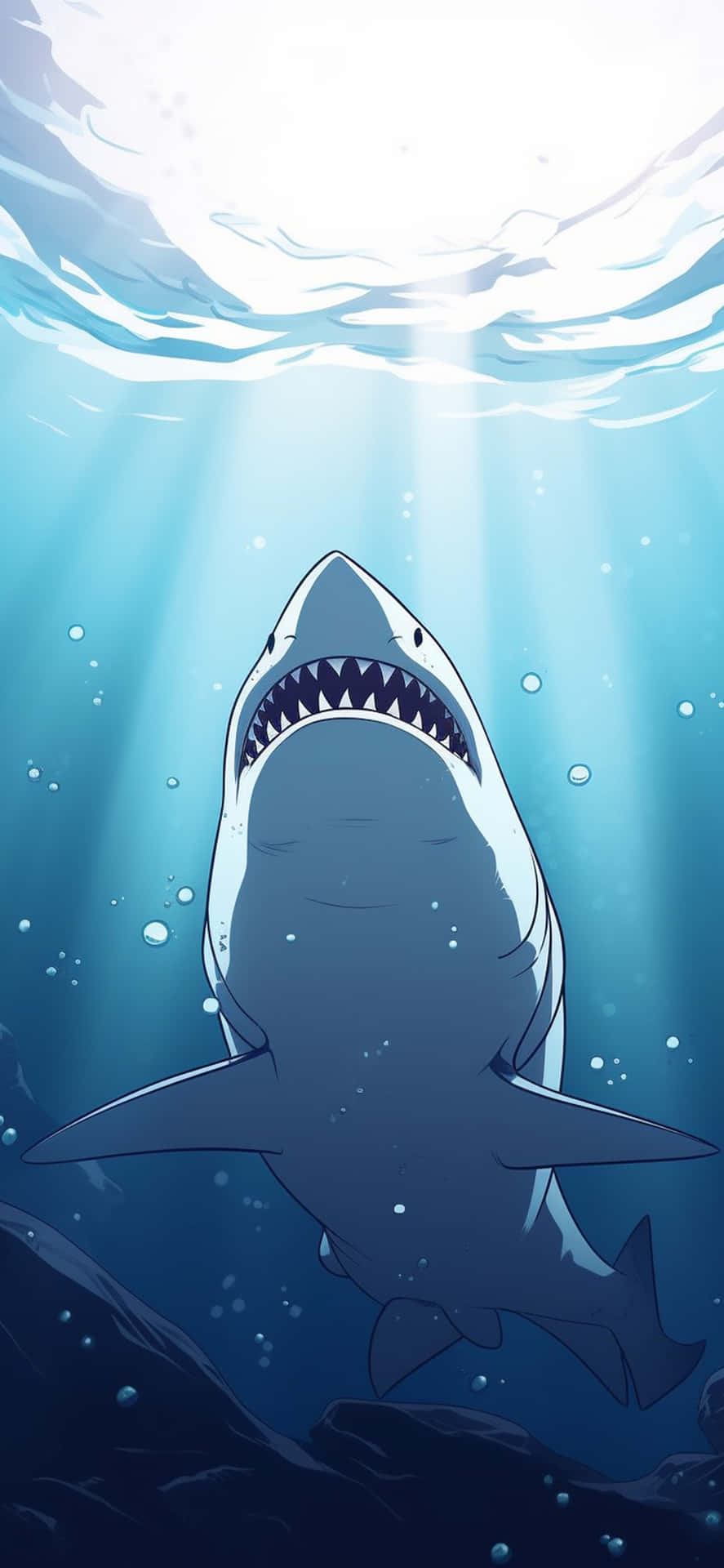 Majestic_ Shark_ Underwater_ Sunrays.jpg Wallpaper