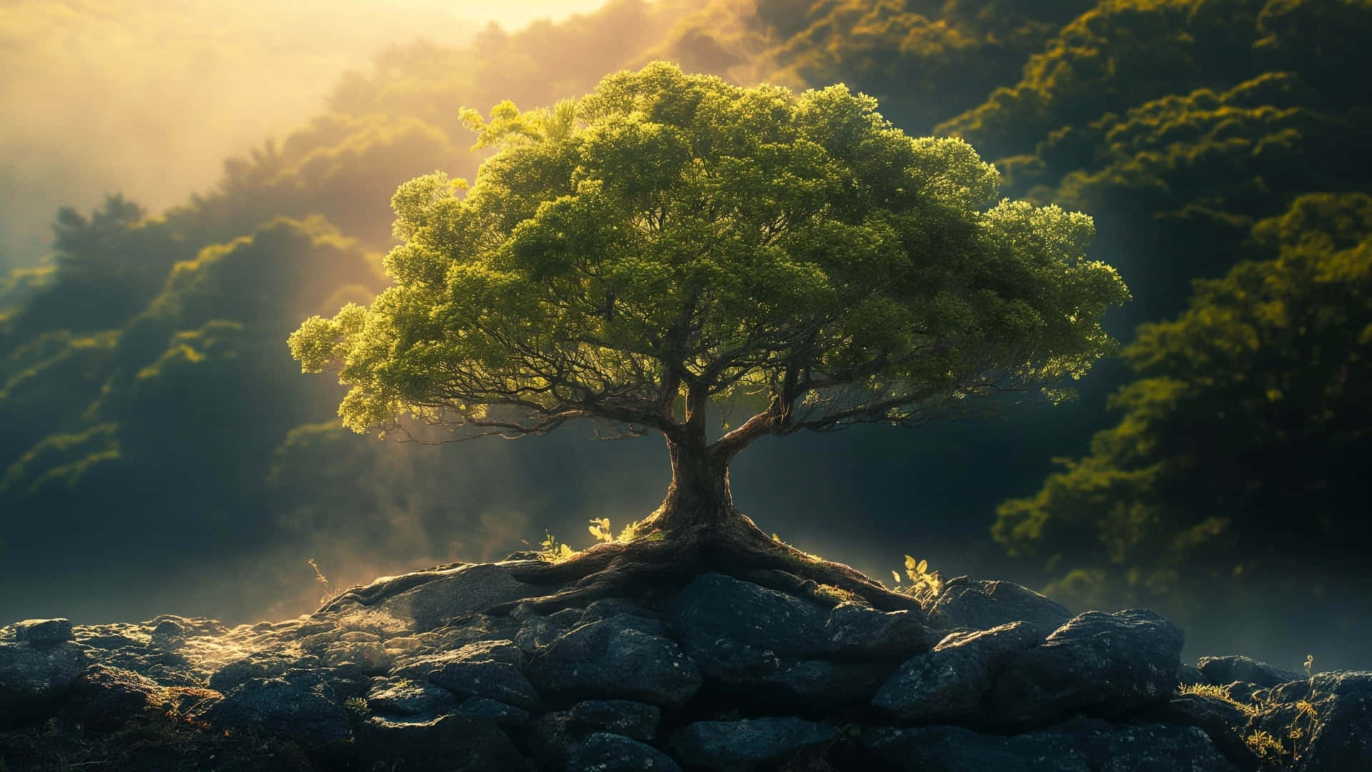 Arbre Majestueux Solitaire Au Lever De Soleil Fond d'écran