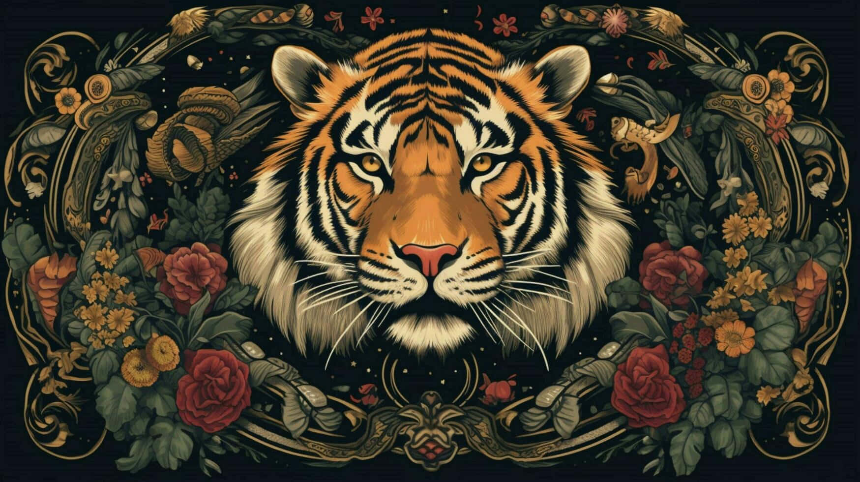 Majestic_ Tiger_ Floral_ Artwork Wallpaper