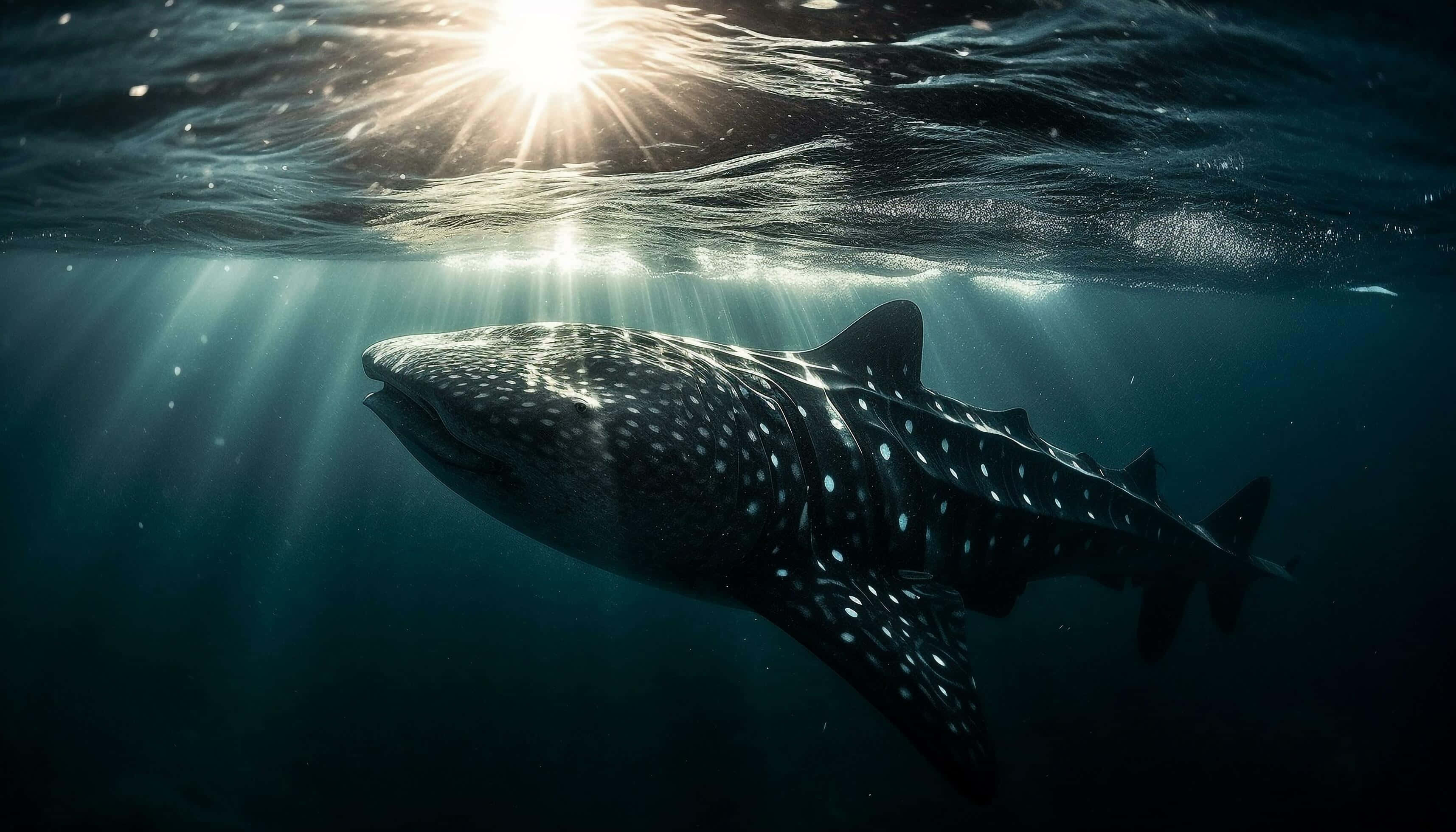 Majestic Whale Shark Swimming In Deep Blue Sea Wallpaper
