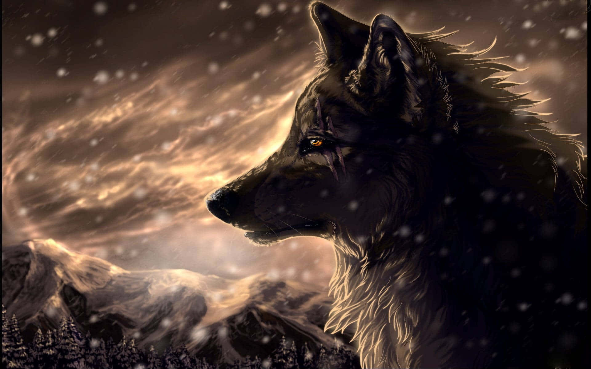 Majestic_ Wolf_in_ Snowy_ Mountain_ Sunset Wallpaper