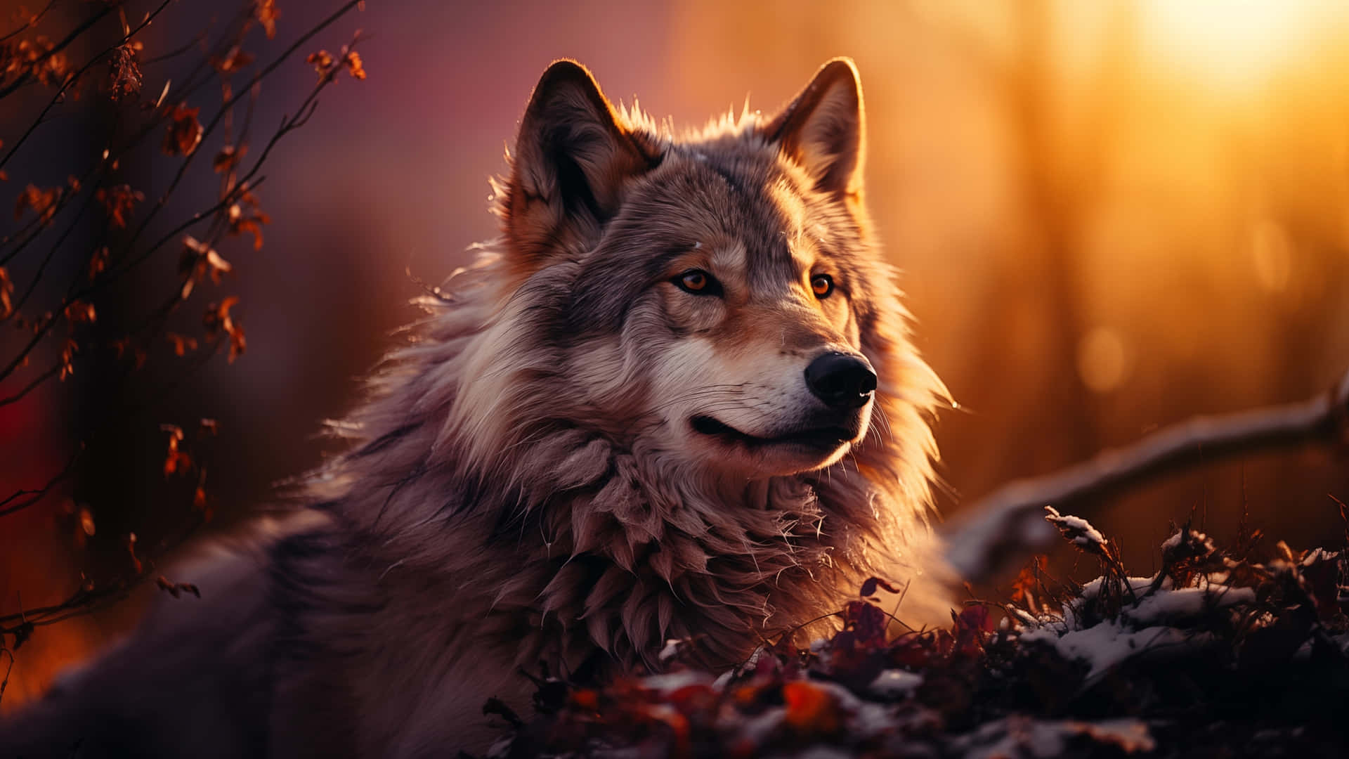 Majestueuze Wolf In Zonsondergang Glans Achtergrond