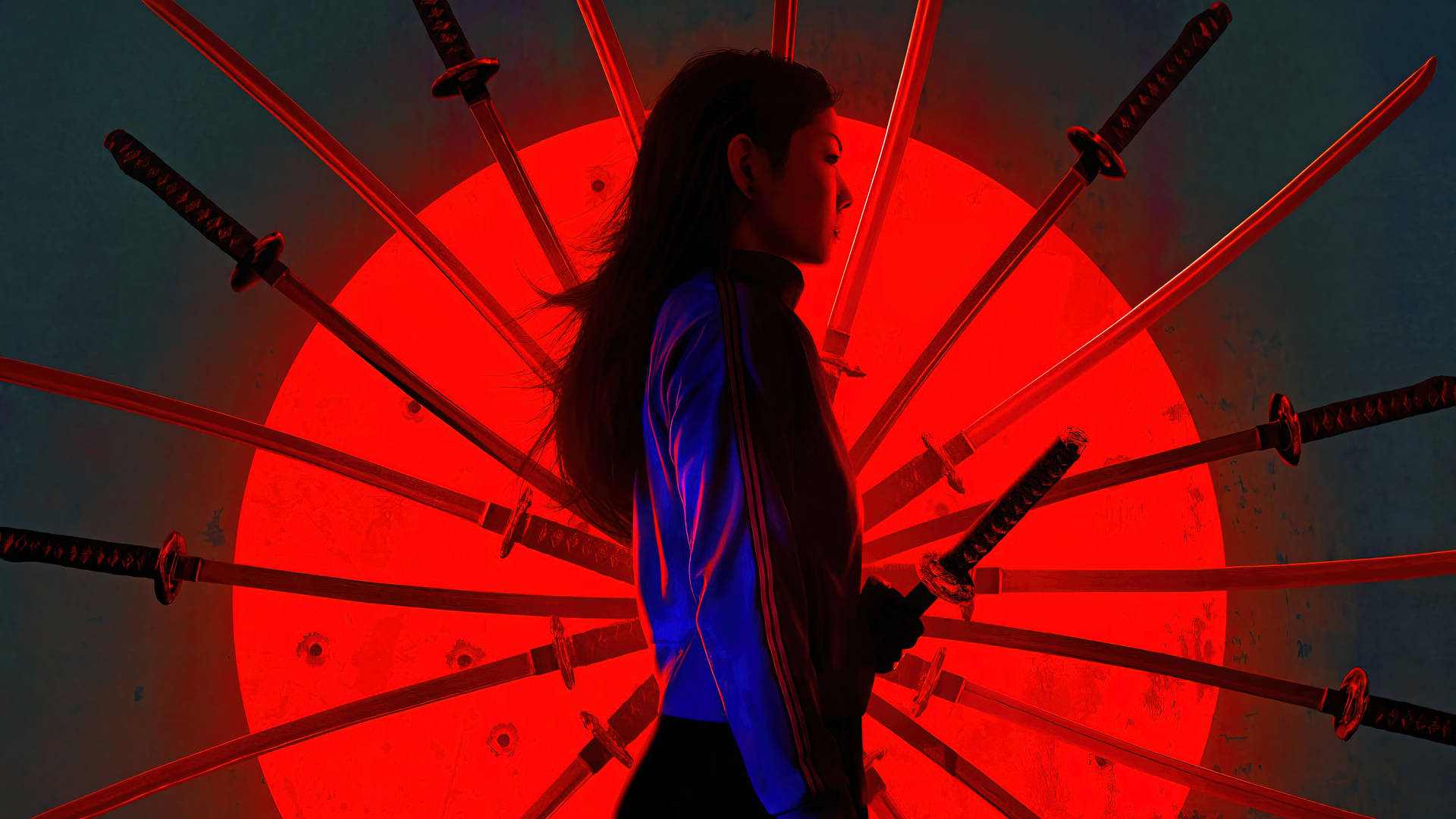 En kvinde står foran et rødt lys med et sværd i hånden. Wallpaper