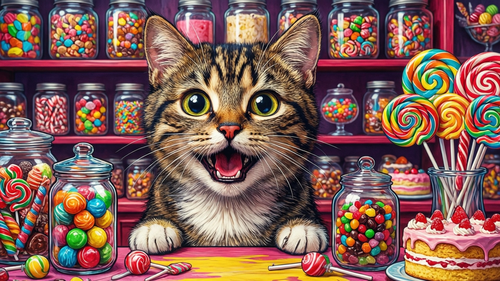 Sweet Tooth Wallpaper — A tabby cat with wide eyes sits amidst jars of colorful candies and giant lollipops in a vibrant candy shop.