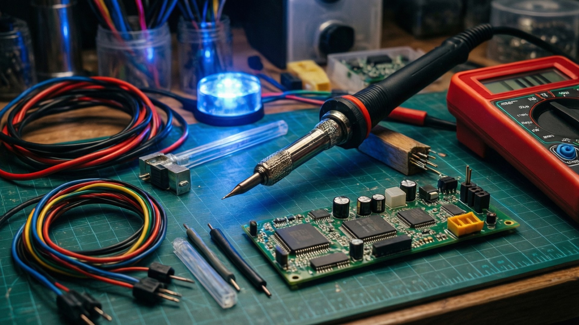 Ein Elektronik-Werktisch mit Lötwerkzeugen und Leiterplatten.