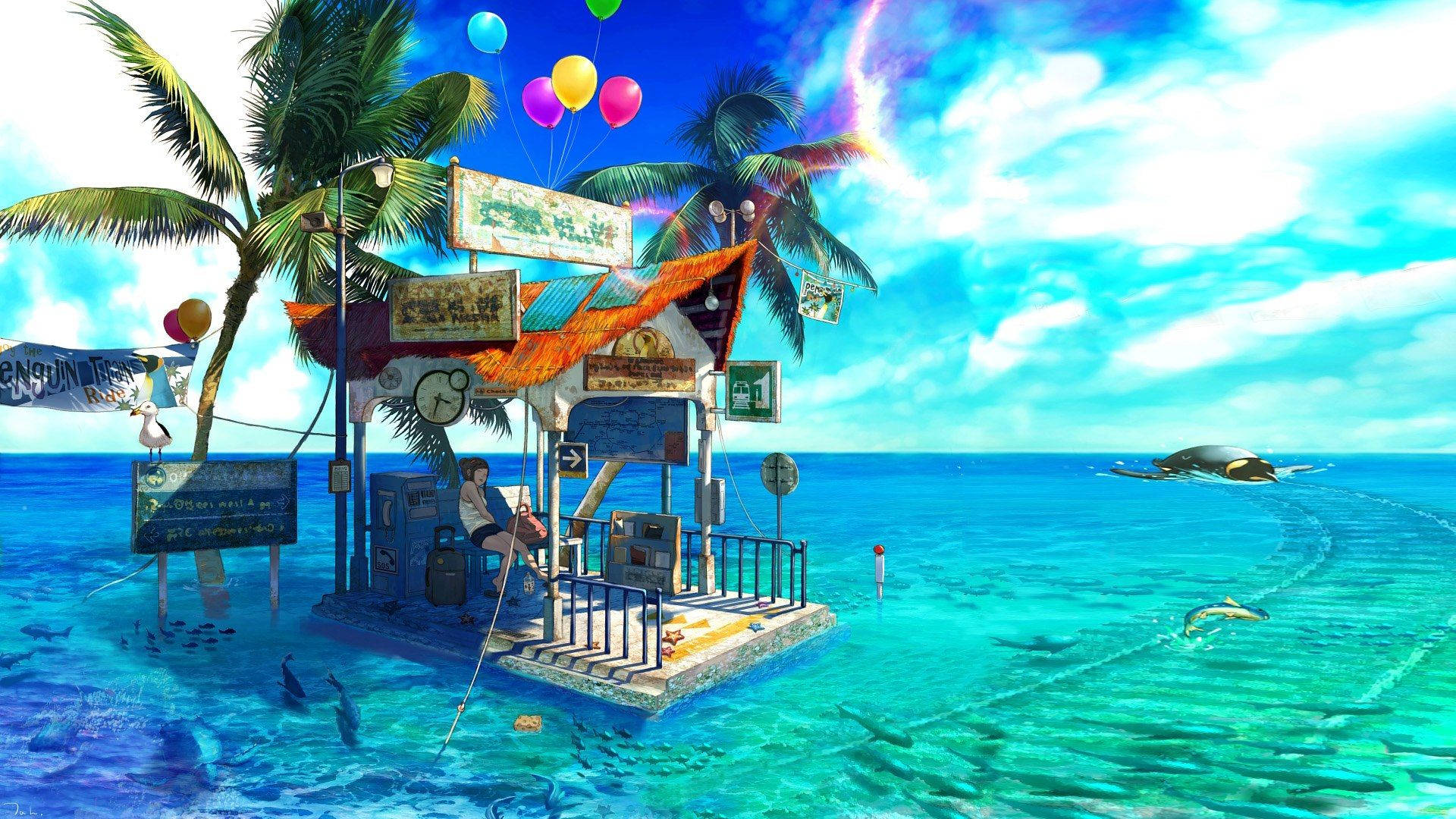 Makeshift Island Anime Landscape Wallpaper