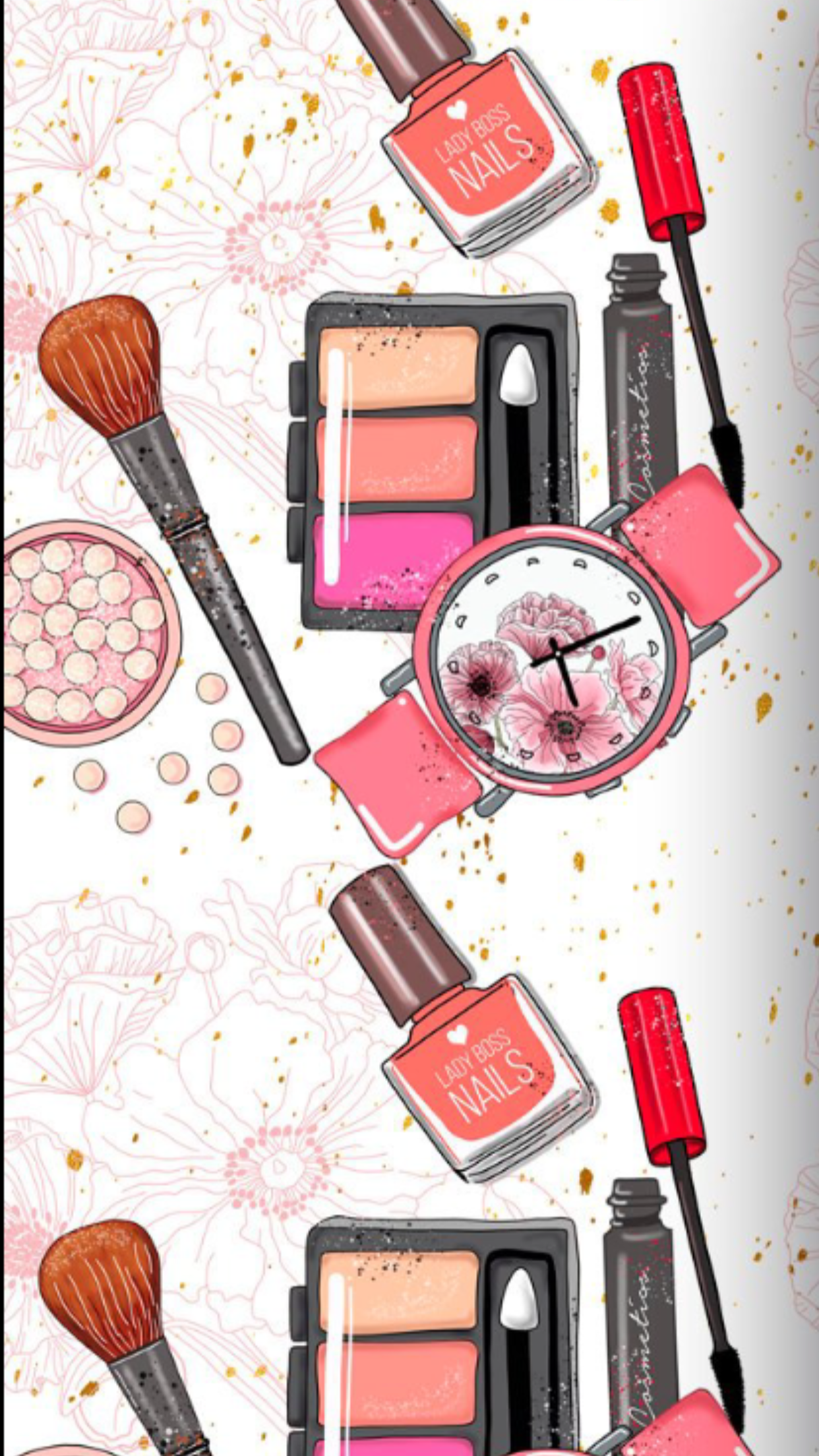 Makeup Background — A vibrant pink and gold illustrated wallpaper featuring scattered makeup items like brushes palettes and nail polish bottles.