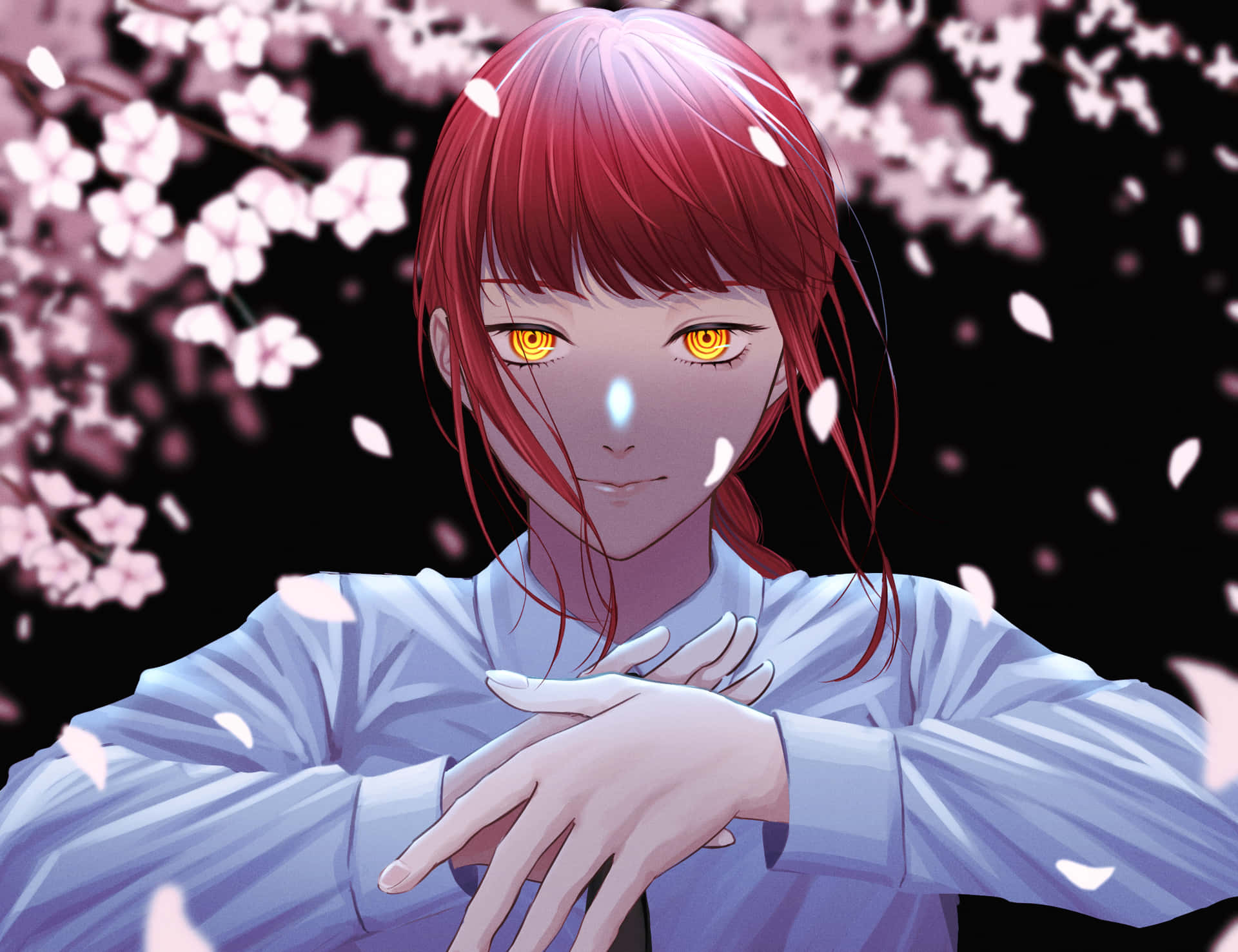 A Girl With Red Hair And Yellow Eyes Is Standing In Front Of A Flower Wallpaper