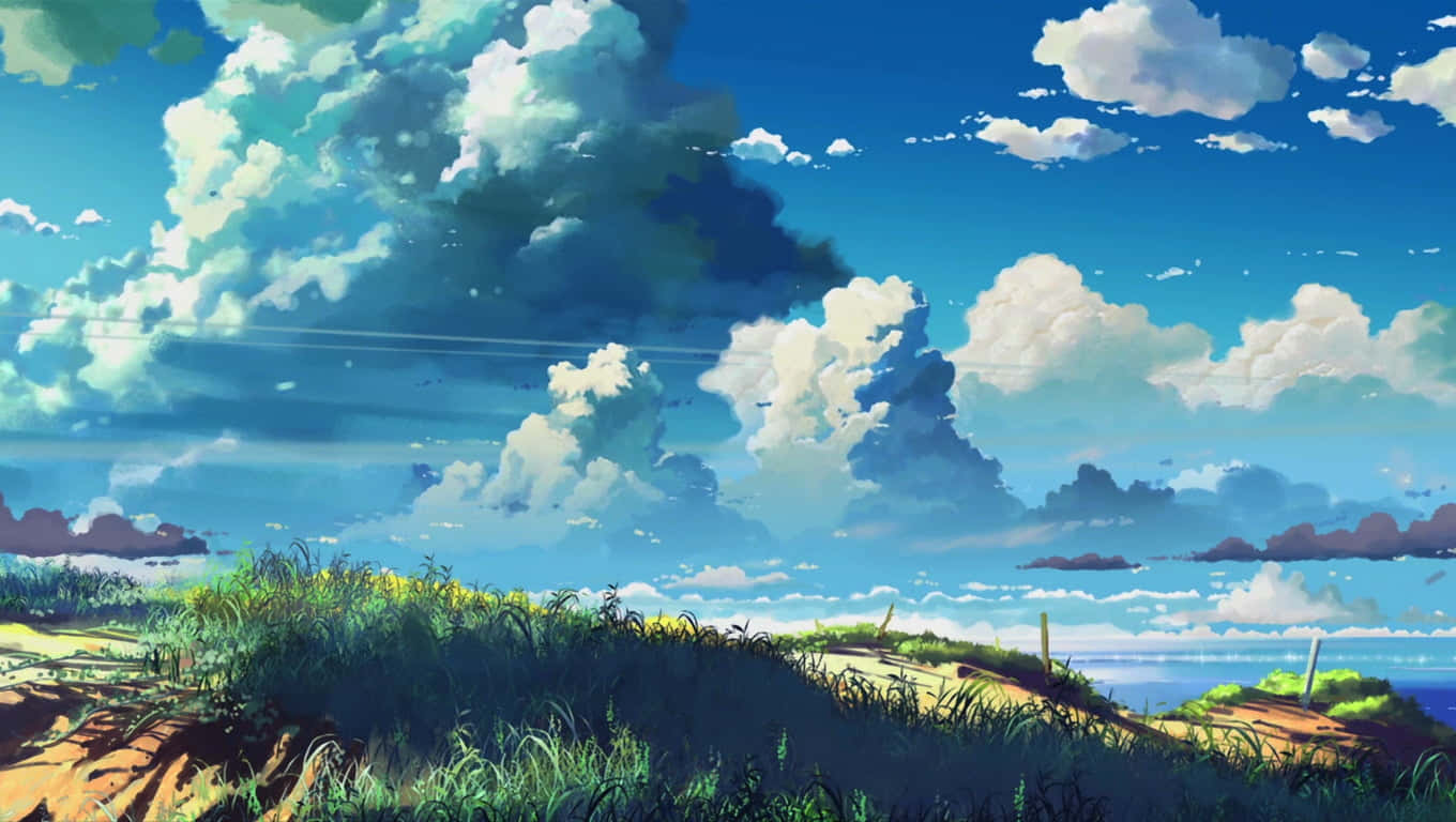 A Painting Of Clouds Over A Grassy Hill