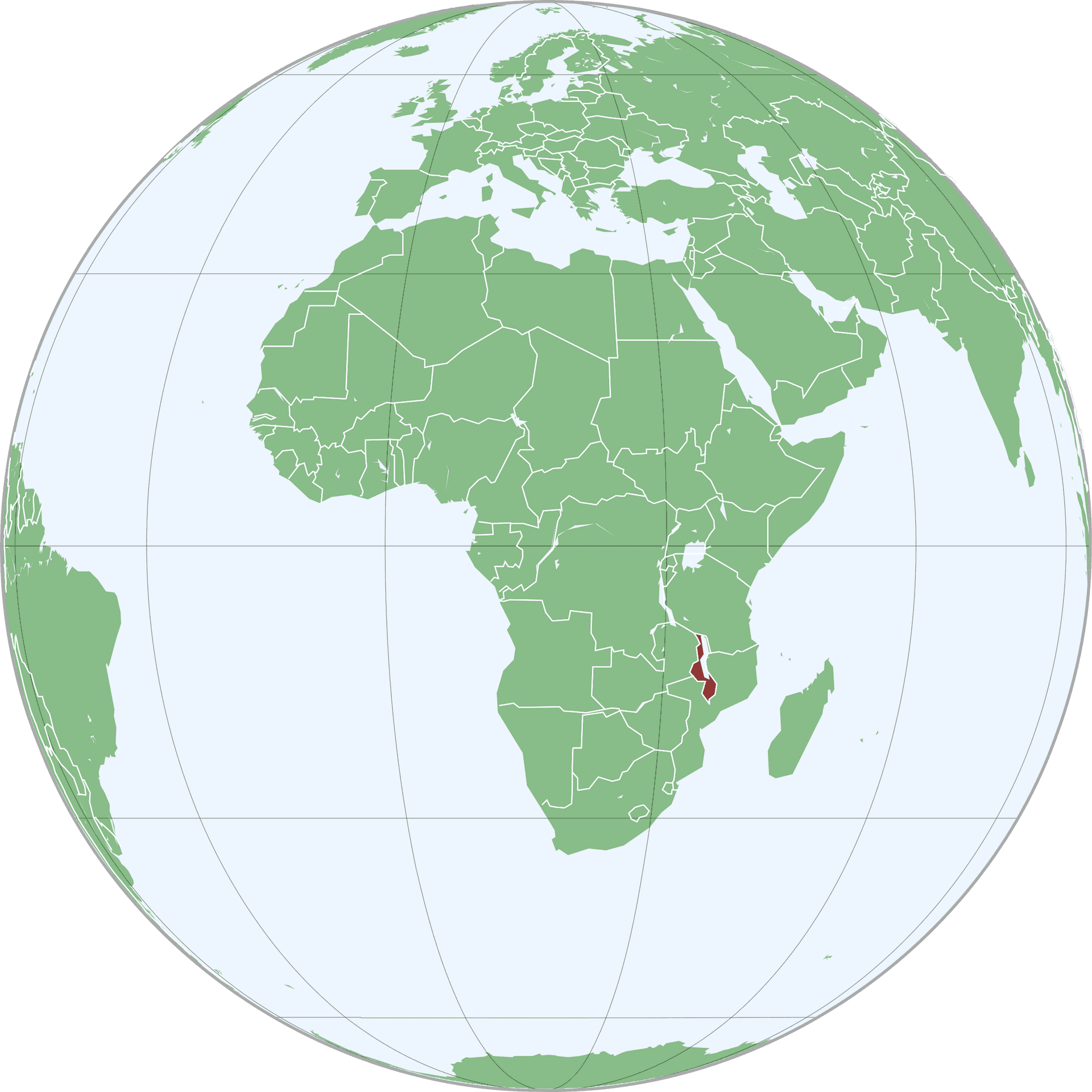 Malawi Highlightedon World Map PNG