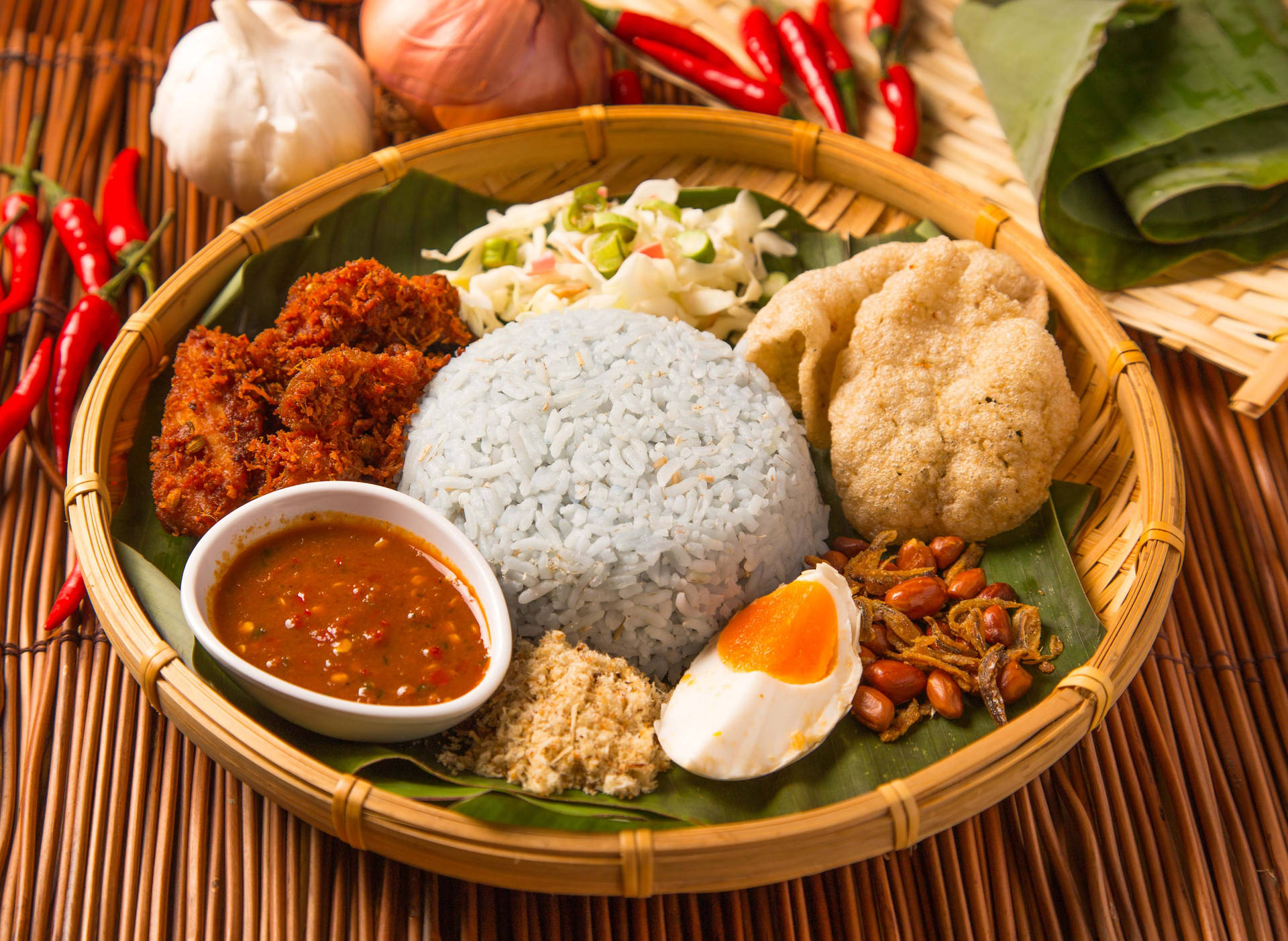 Malaysian Traditional Food Nasi Lemak Dutch Angle Shot Wallpaper