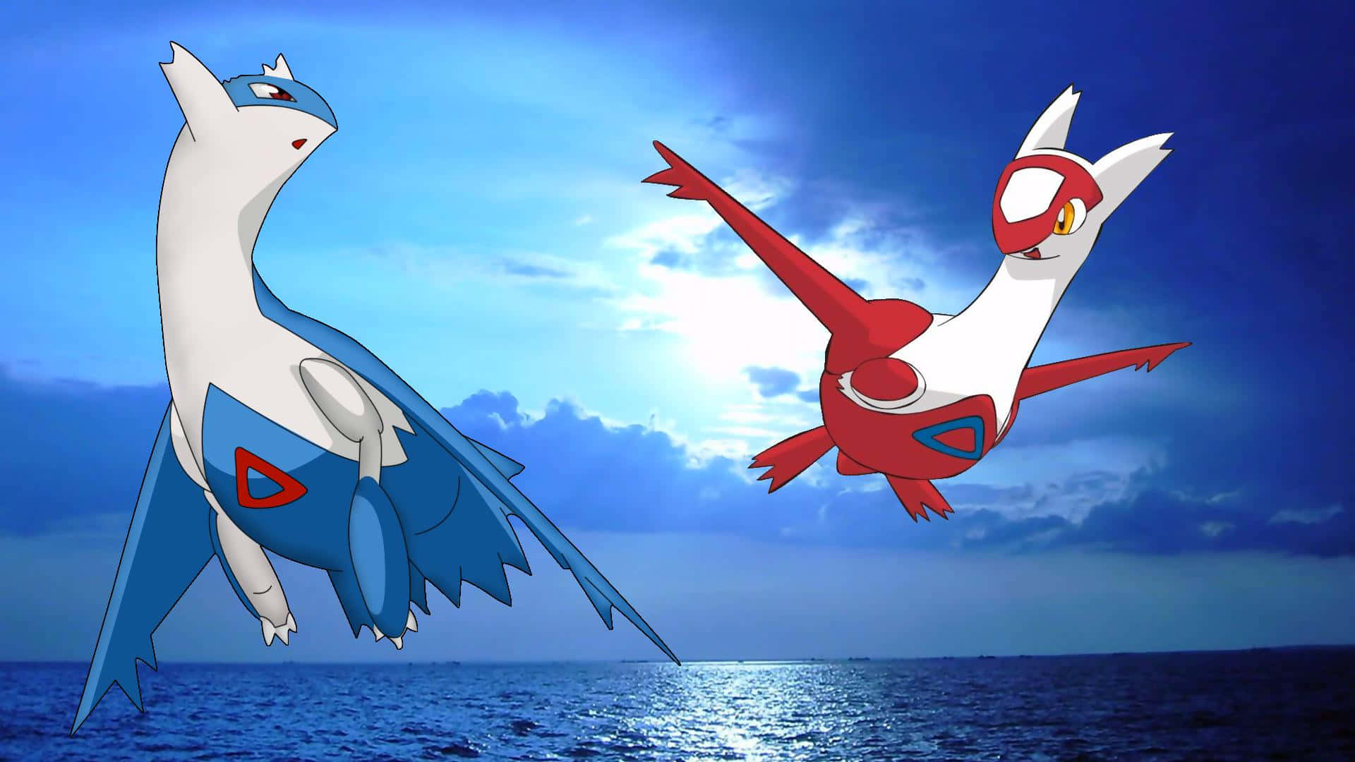 Male And Female Latias Flying Above Ocean Wallpaper