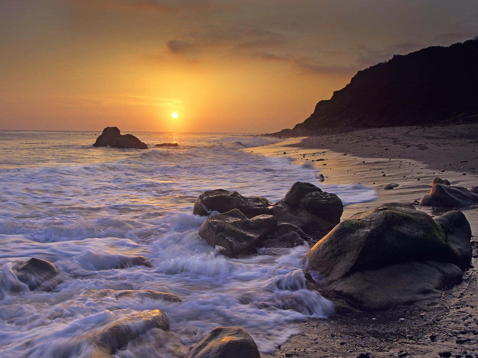 Malibu Huge Stones Beach Sunrise Desktop Wallpaper