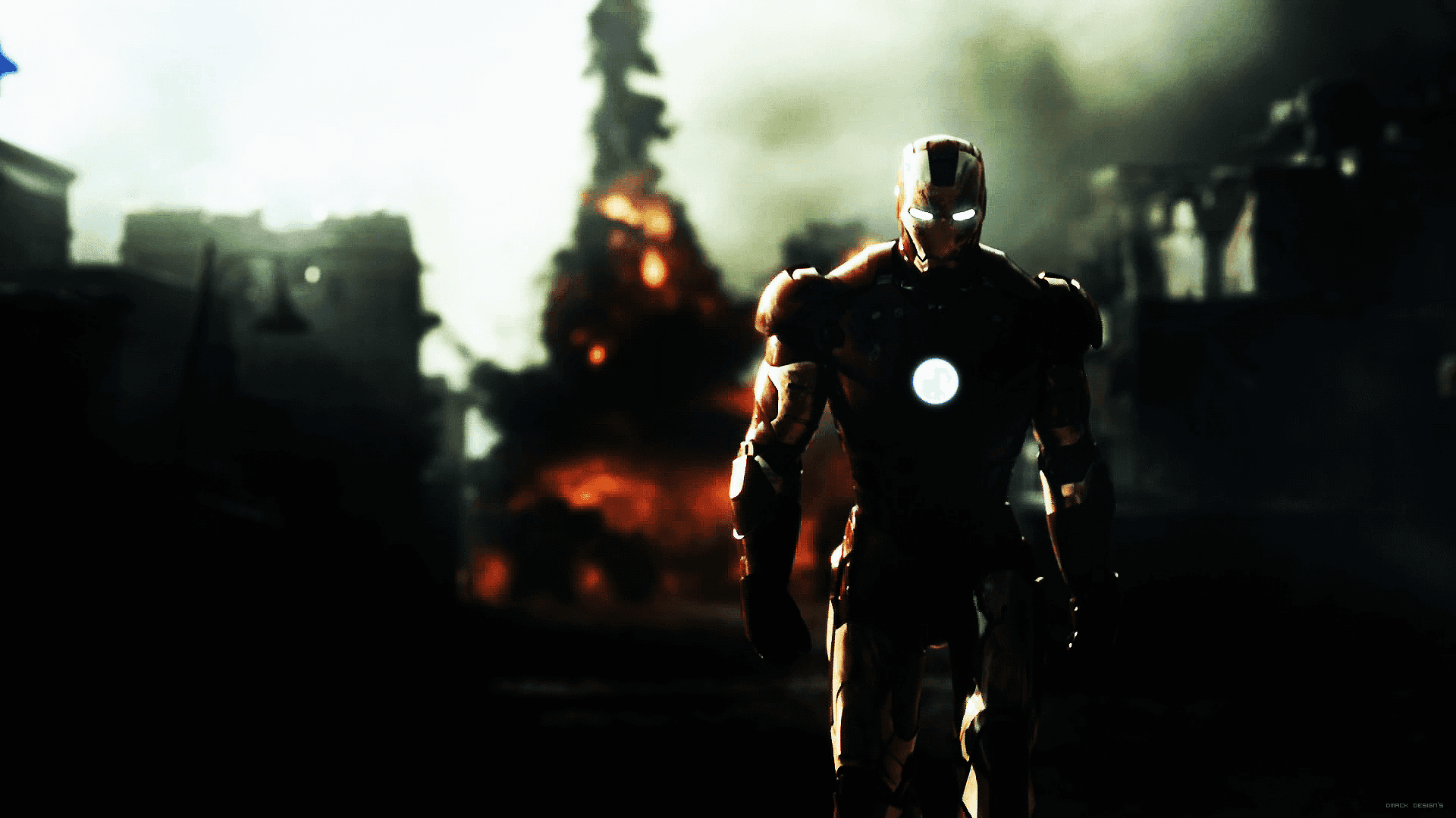 A Man Blending In With Nature's Beauty Background — Iron Man stands defiantly in a smoky warzone as explosions erupt behind him in fiery orange and dark shadows.