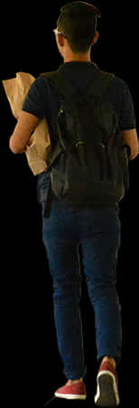 Man Carrying Groceries With Backpack PNG
