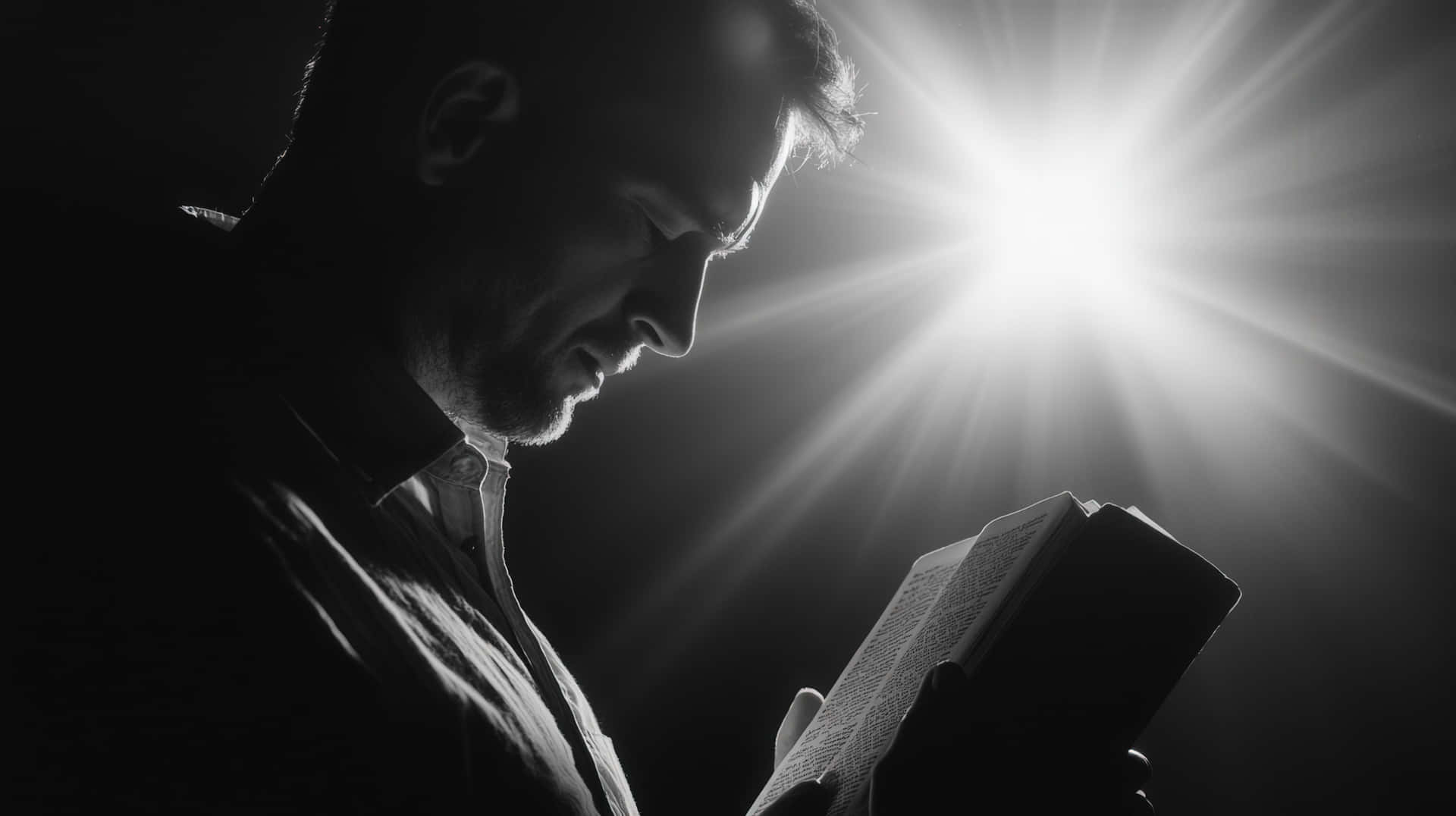 Man Deep In Thought Reading A Book Under Divine Light Wallpaper