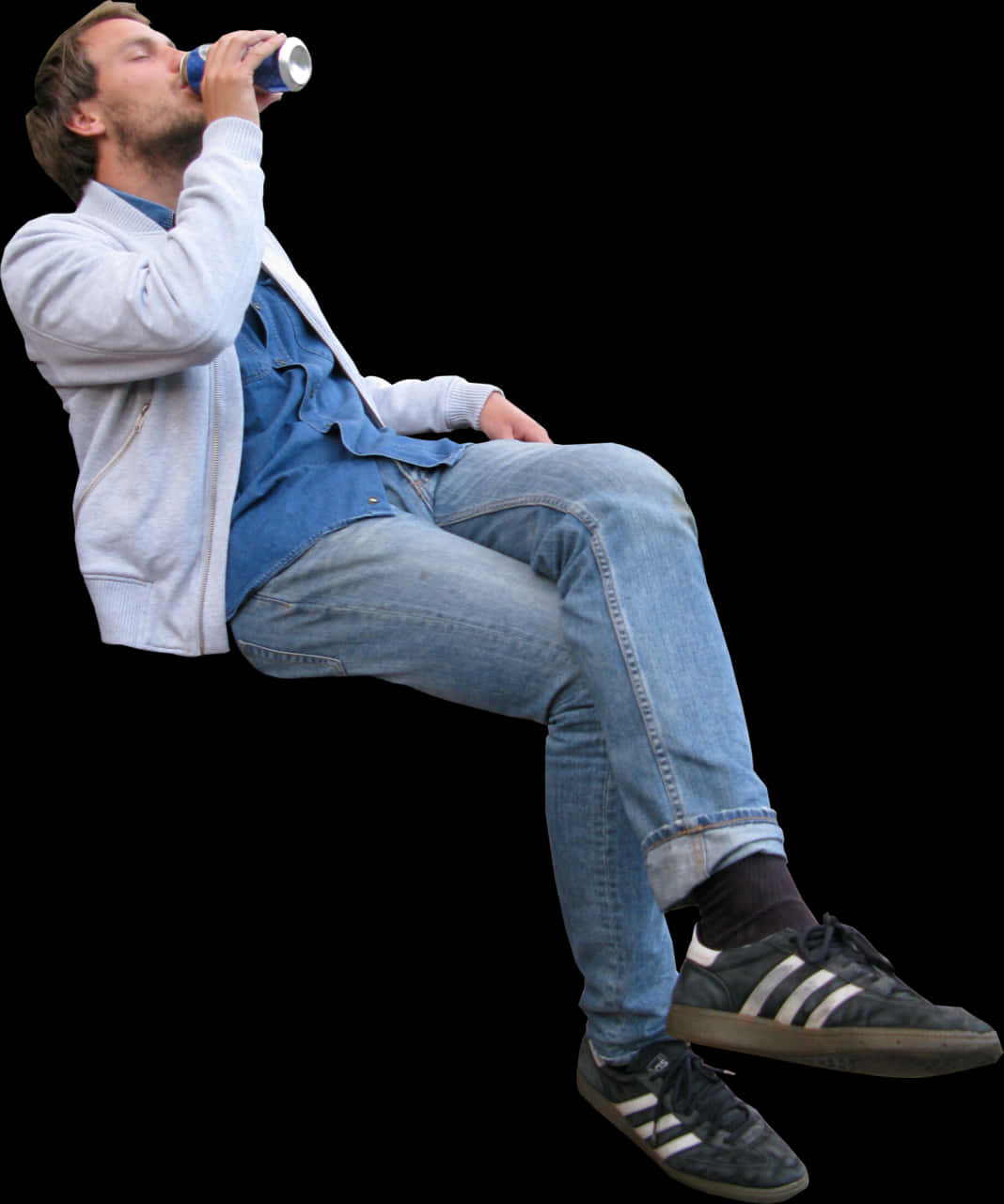 Man Drinking Beverage While Sitting Invisible Chair PNG