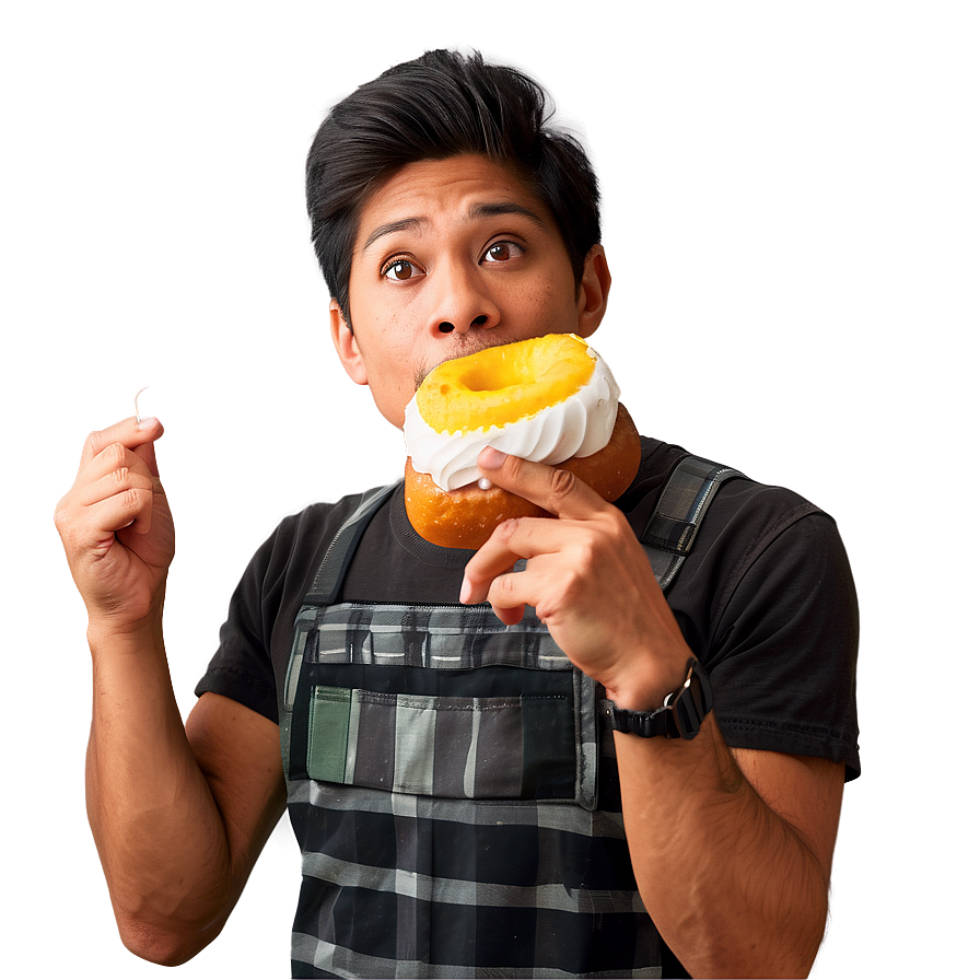 Man Eating Cream Filled Donut PNG