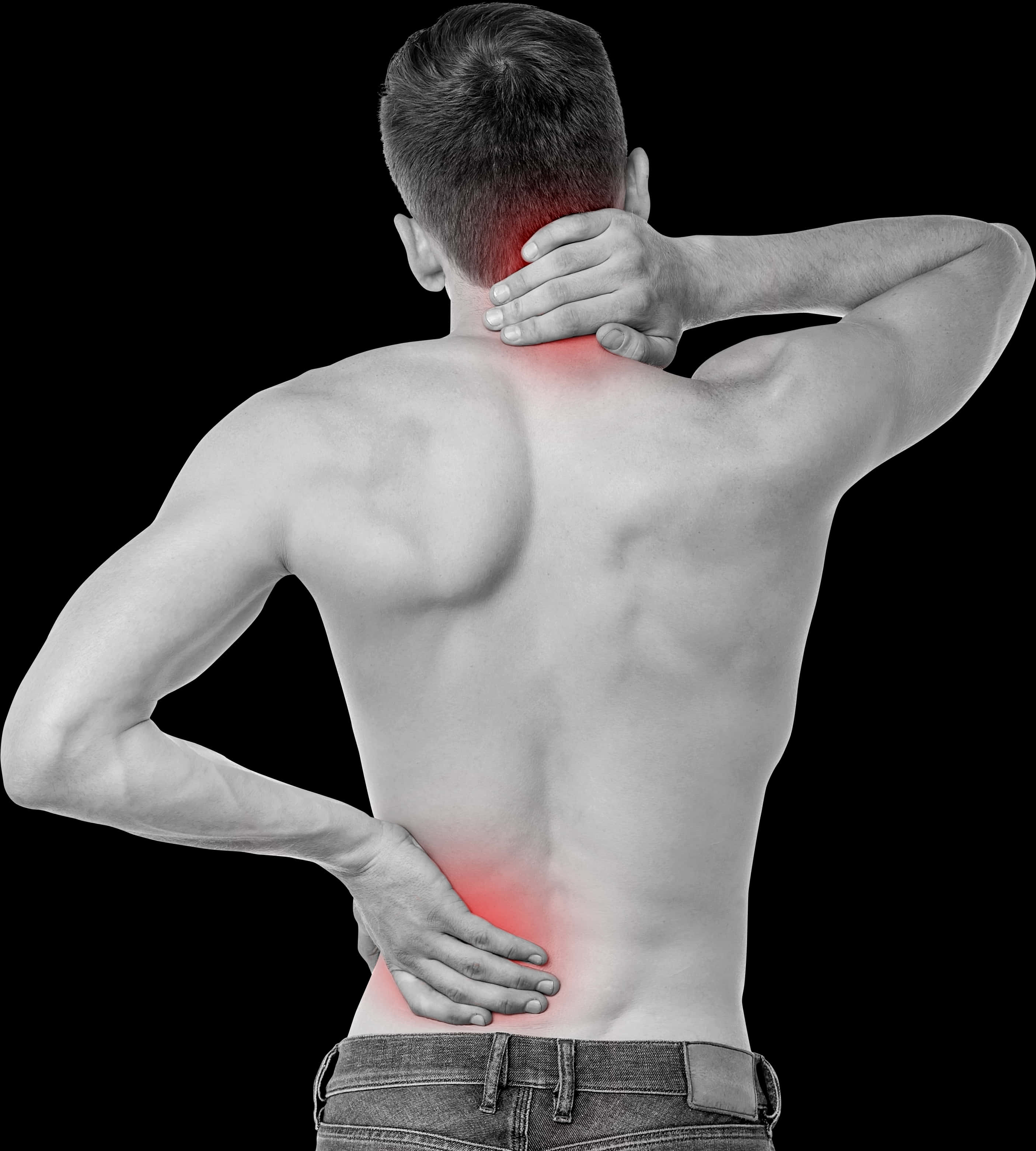 Man Experiencing Neckand Lower Back Pain PNG
