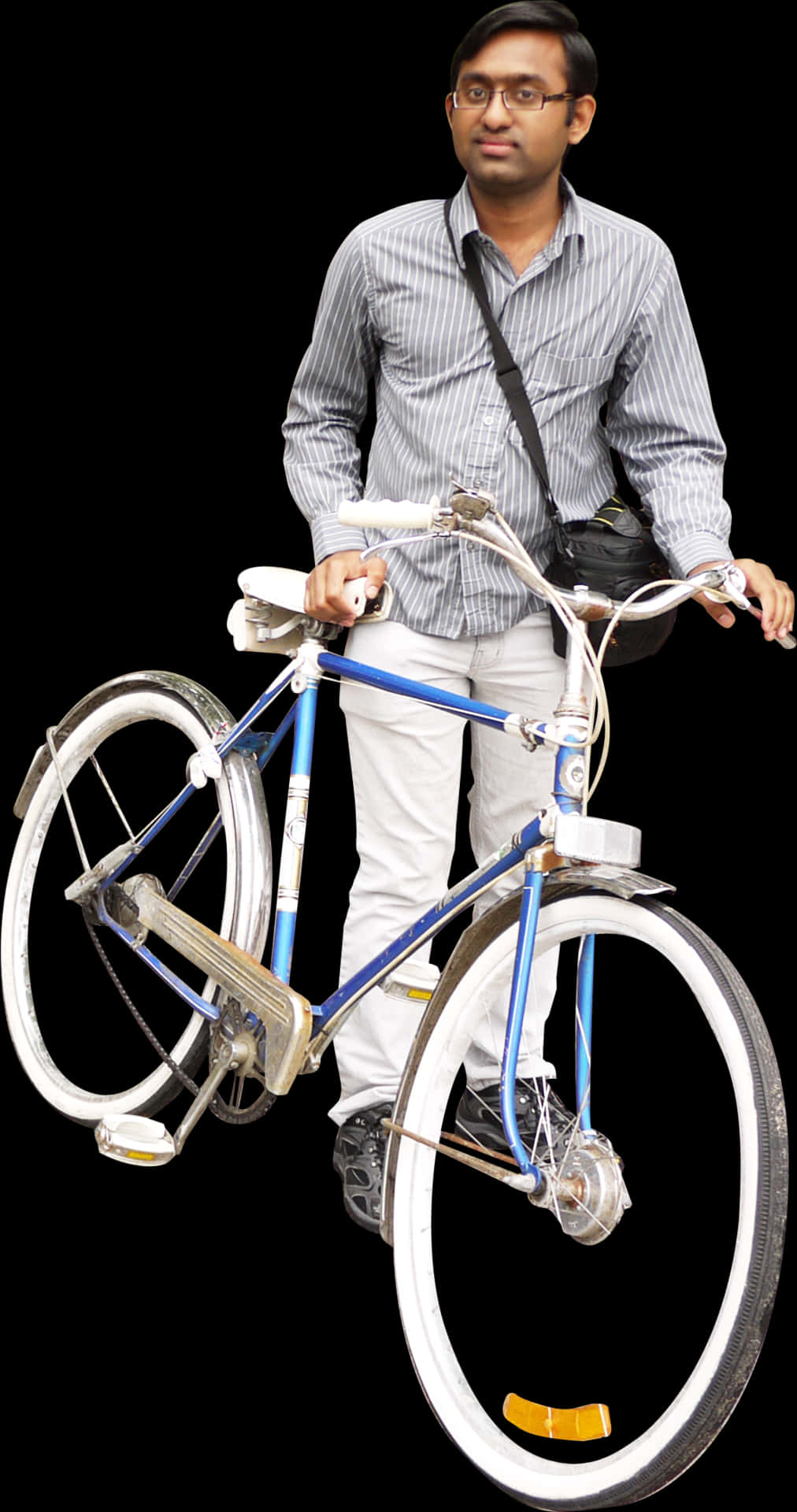 Man Holding Bicycle Black Background PNG