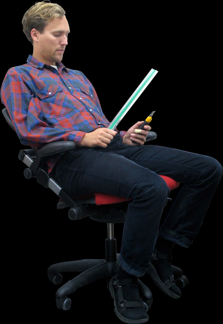 Man Holding Glowstickand Multitool PNG