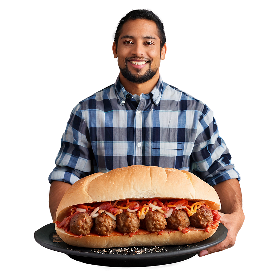 Man Holding Meatball Sub Sandwich PNG