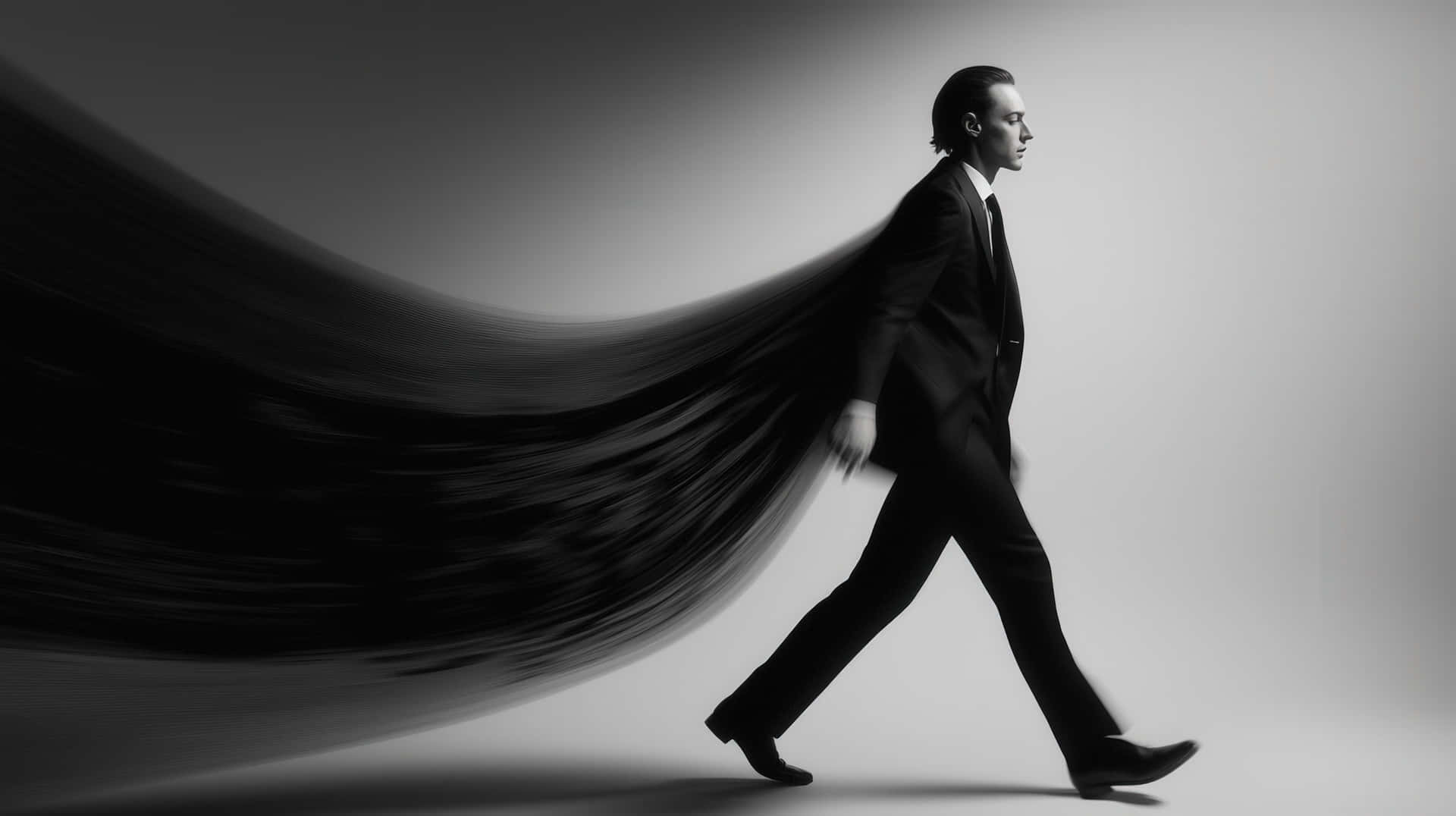 Man In Suit Walking With Abstract Flowing Motion Effect In Black And White Wallpaper
