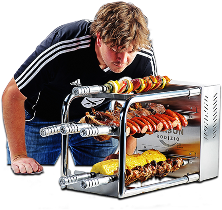 Man Inspecting Tabletop Rodizio Grill PNG