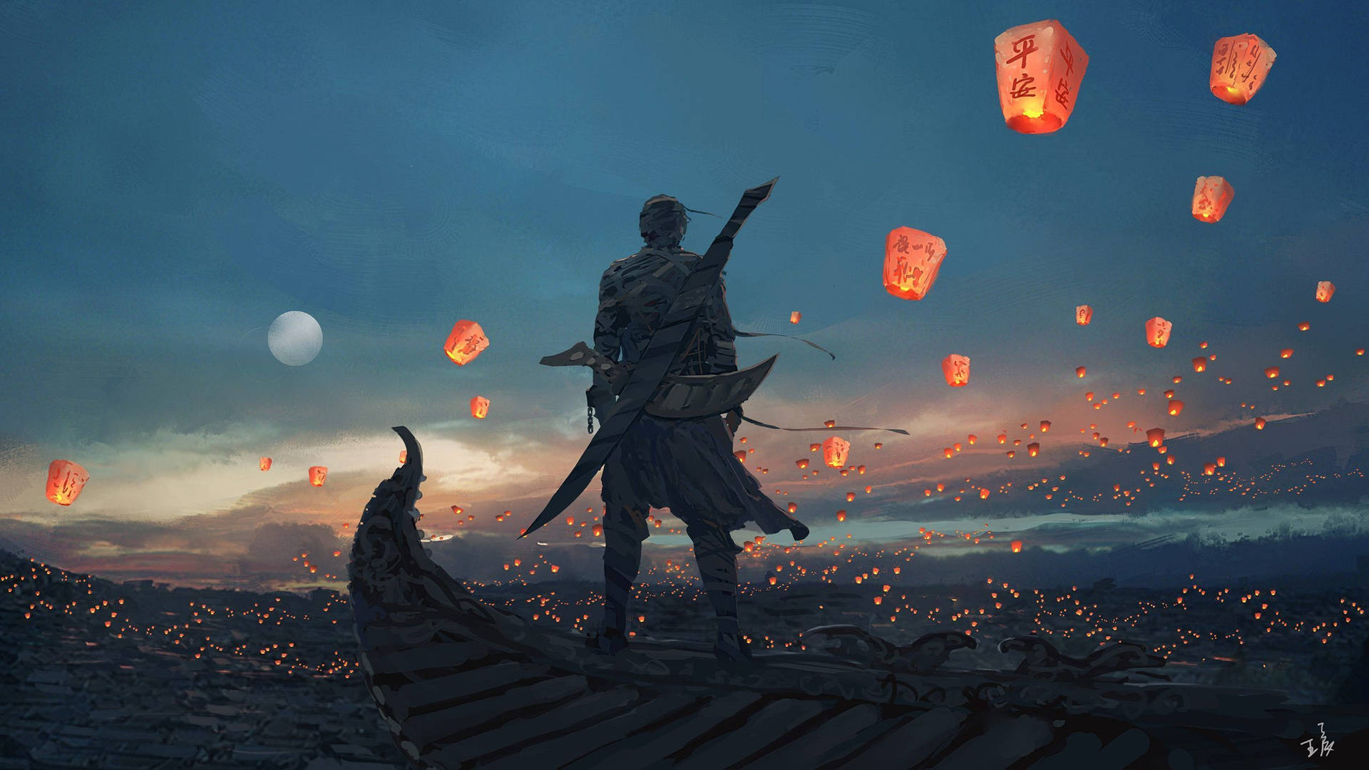 Man with sword on his back looking at hundreds of red orange sky lanterns floating in the sky during dusk art. 