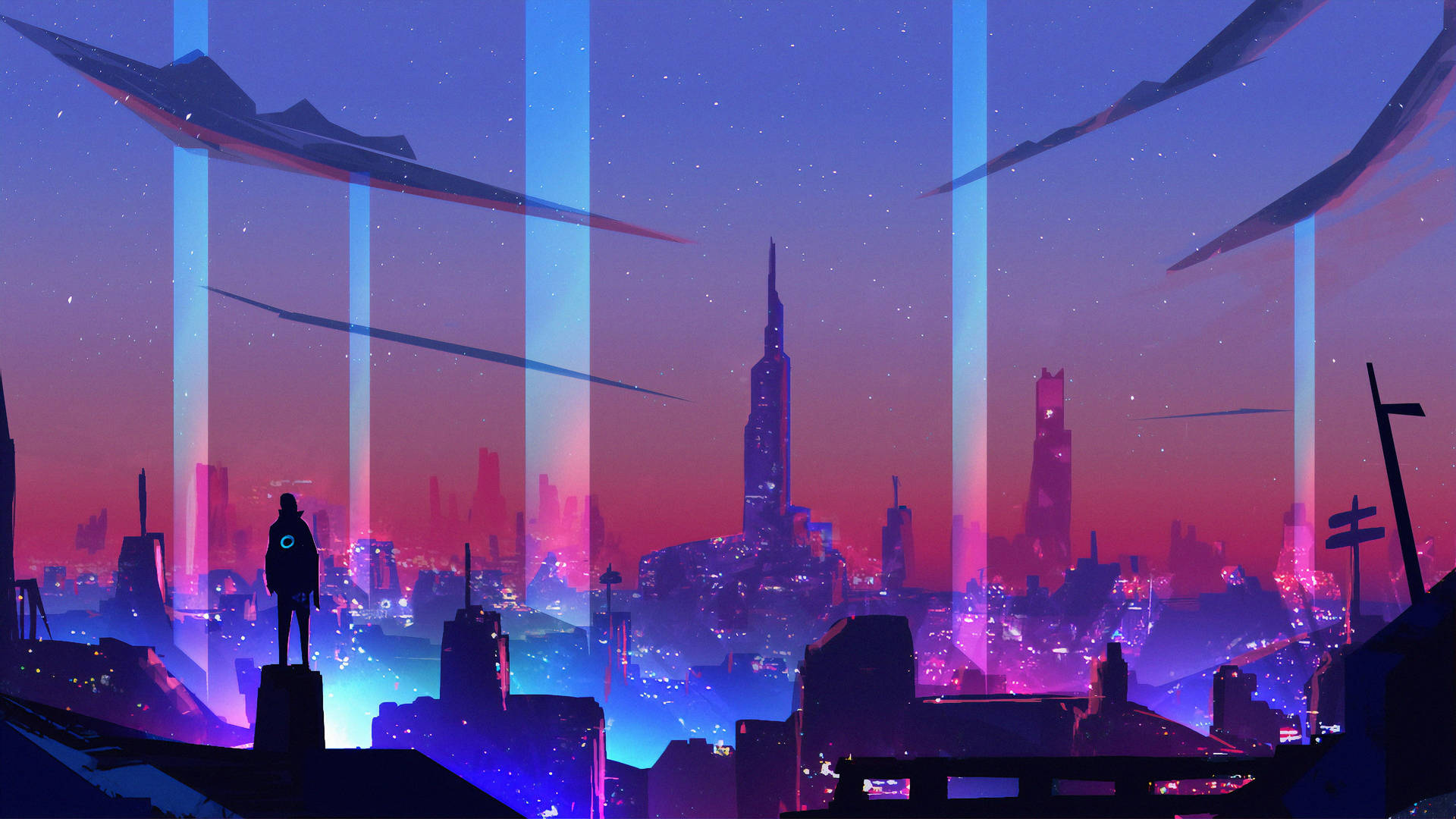 Man Looks Out Over Techno City Wallpaper
