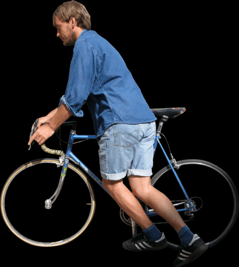 Man Mounting Bicycle Black Background PNG
