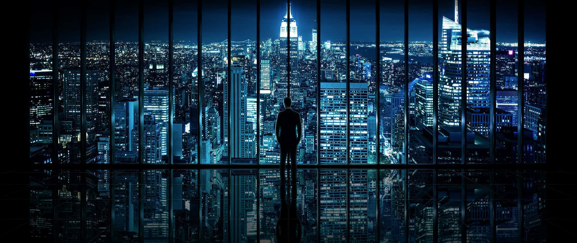 Man Overlooking Night Cityscape Super Ultra Wide Wallpaper