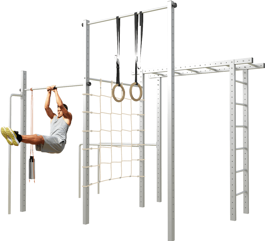 Man Performing Pull Up On Outdoor Gym Equipment PNG