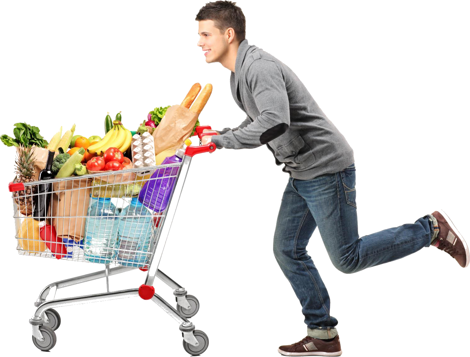 Man Pushing Full Shopping Cart PNG