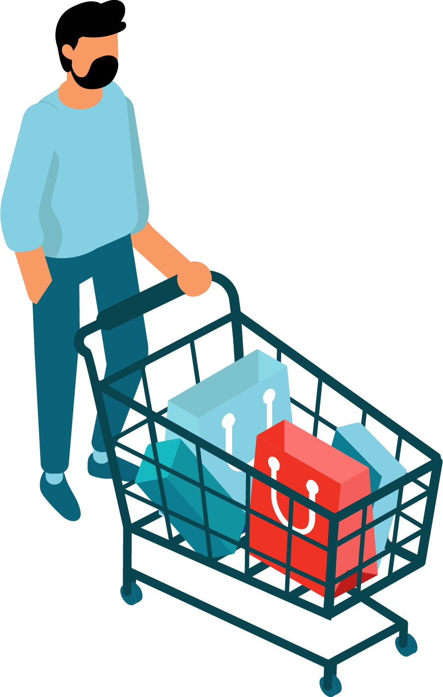 Man Pushing Shopping Cart Illustration PNG