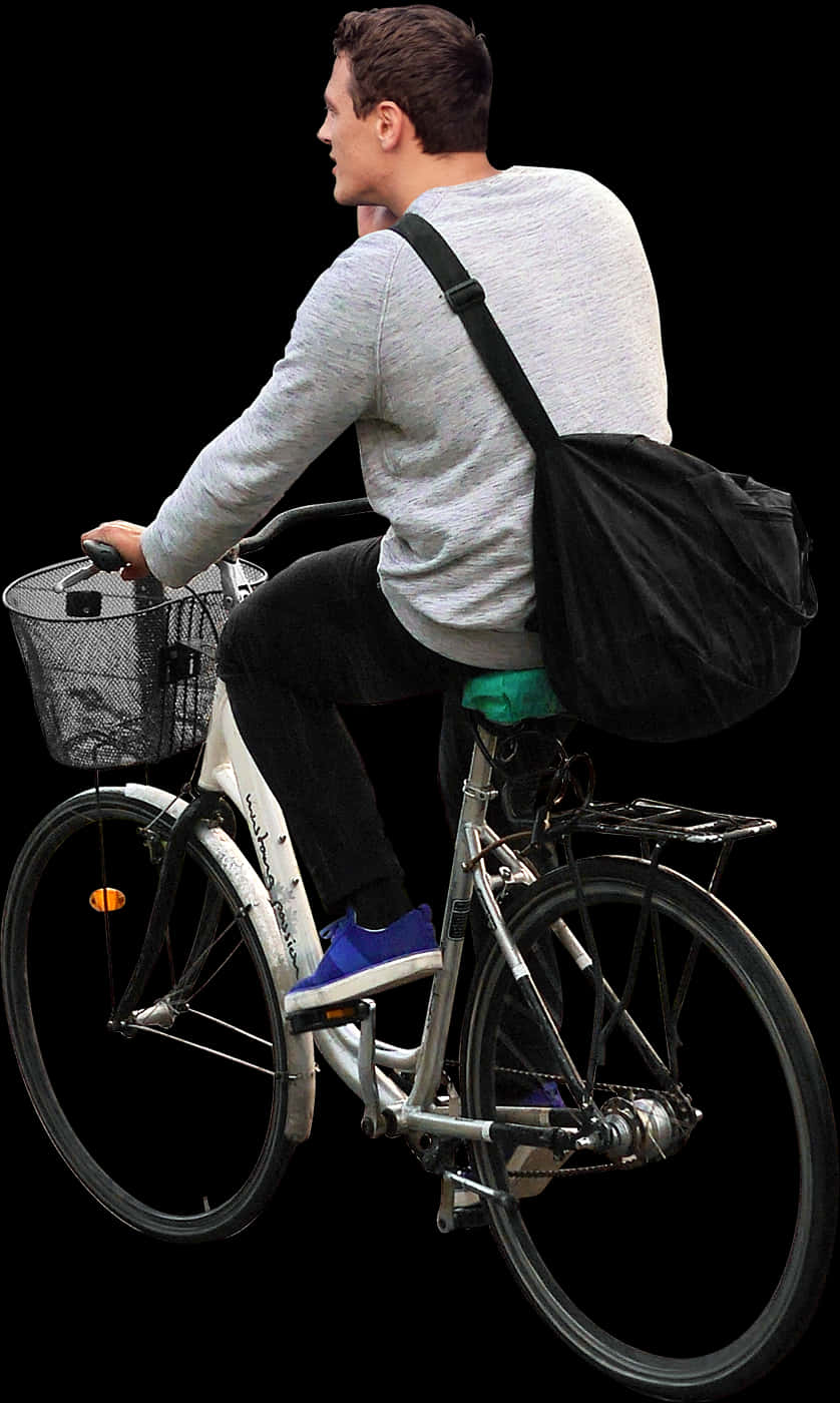 Man Riding Bicycle With Basketand Bag PNG