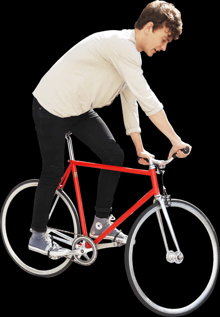 Man Riding Red Fixed Gear Bike PNG