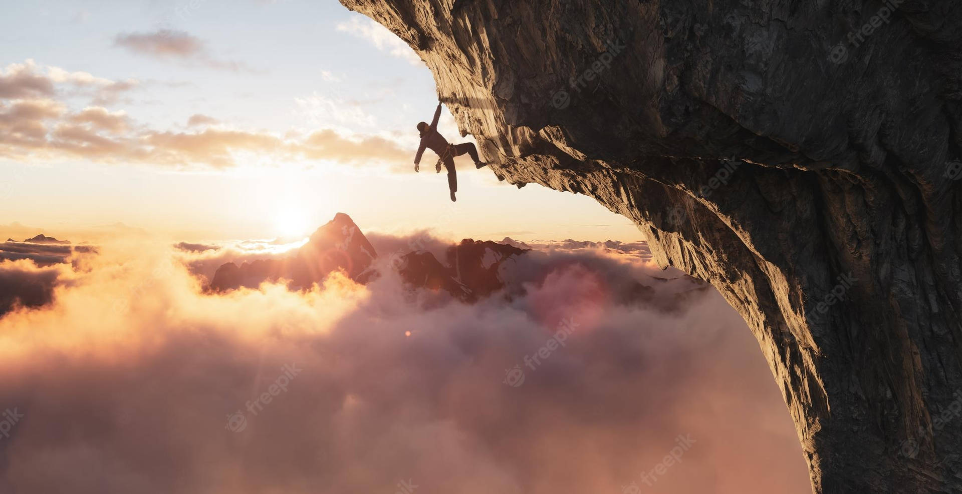Man Rock Climbing Over A Foggy Mountain View Wallpaper