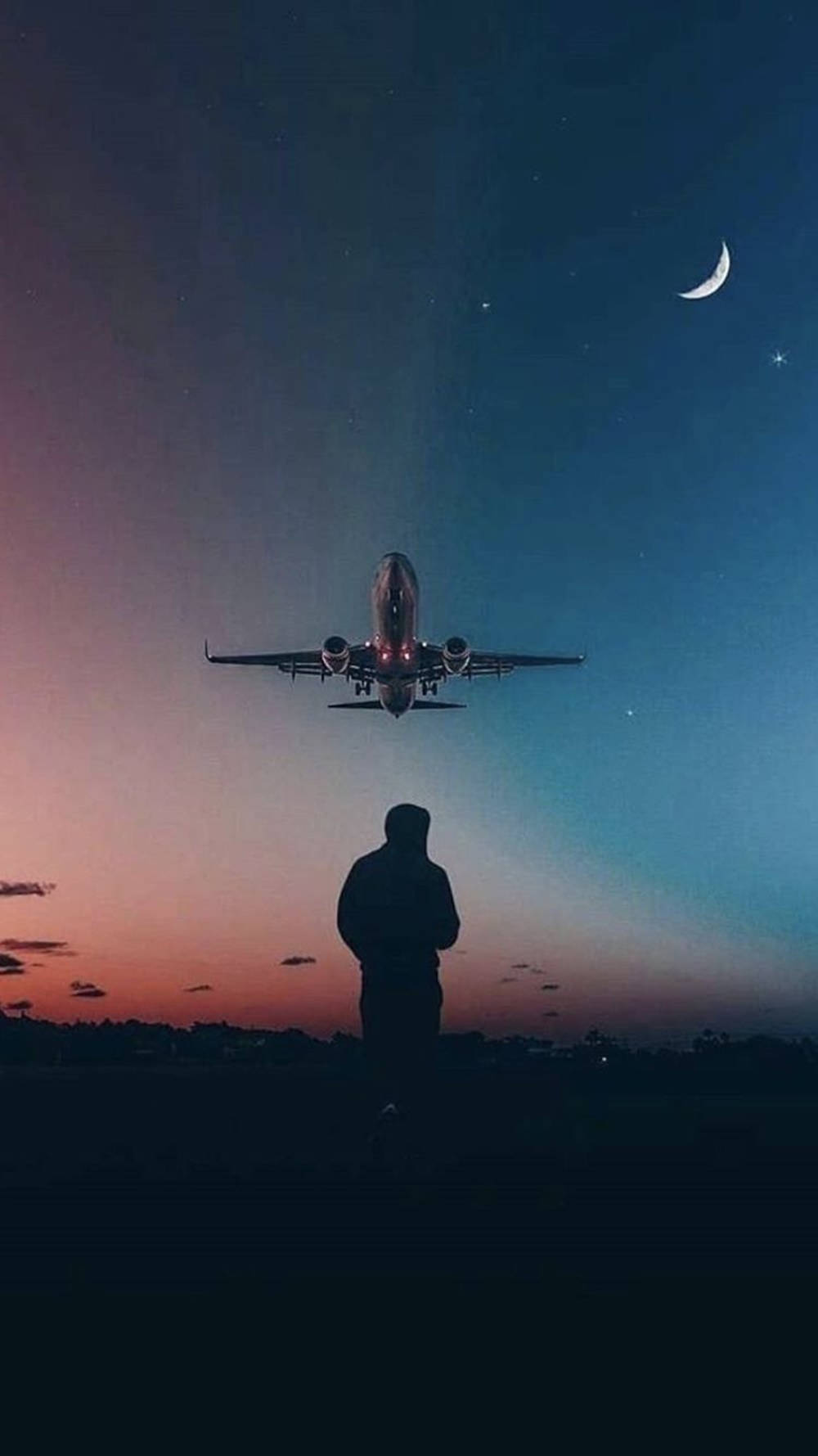 Man Silhouette And Flying Airplane Android Wallpaper